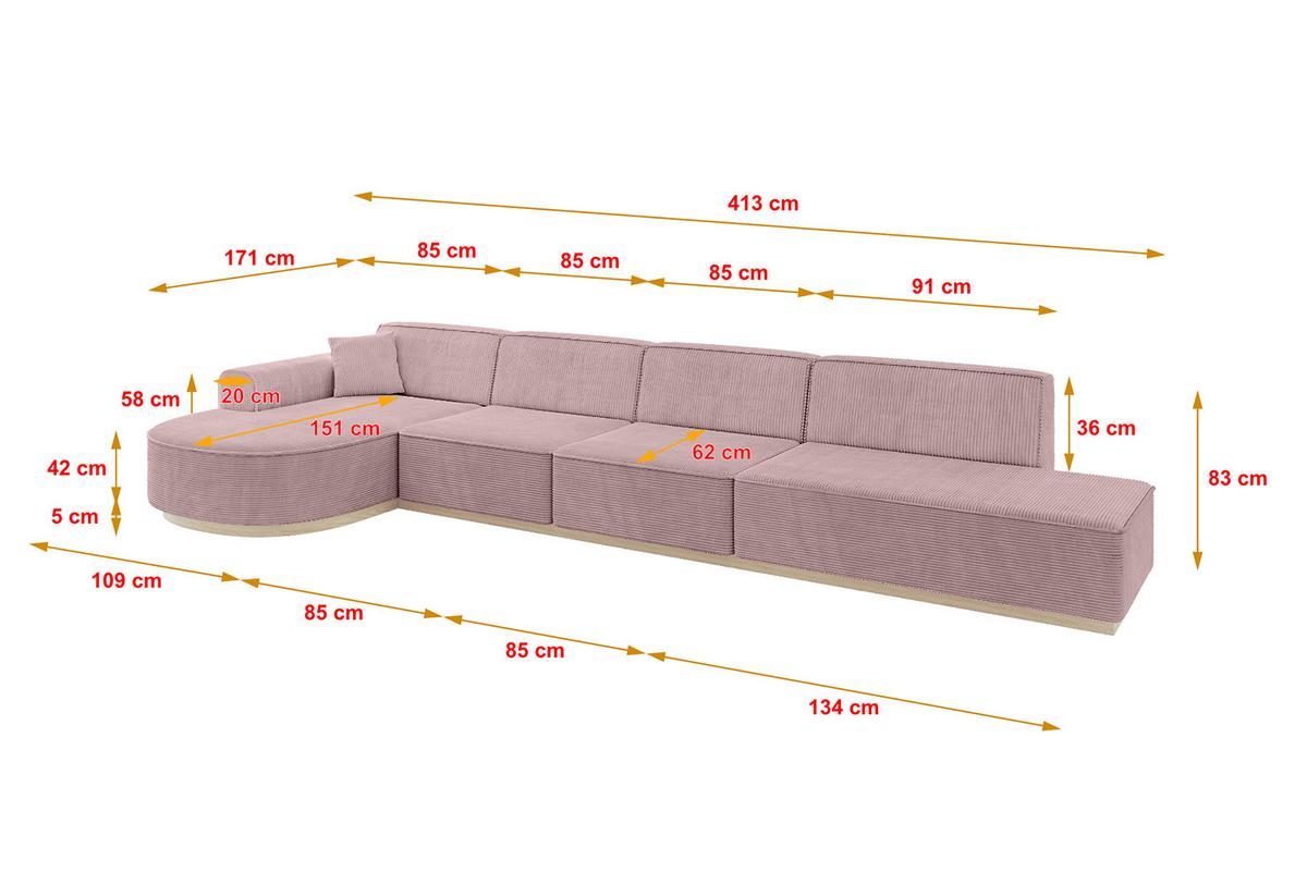ECKSOFA Ottomane Links ARRIO-L3 - 413x171x83 cm Rosa - Rosa, Holzwerkstoff/Textil (413/171cm) - ALTDECOR