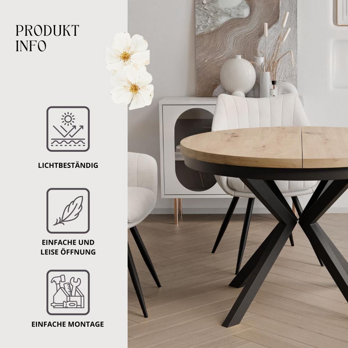 AUSZIEHTISCH MILTON 90-166/76 cm mit Metallgestell und Zarge, Schwarz / Artisan-Eiche - Schwarz/Eiche Artisan, Holzwerkstoff/Metall (90/90/76cm) - Idohome