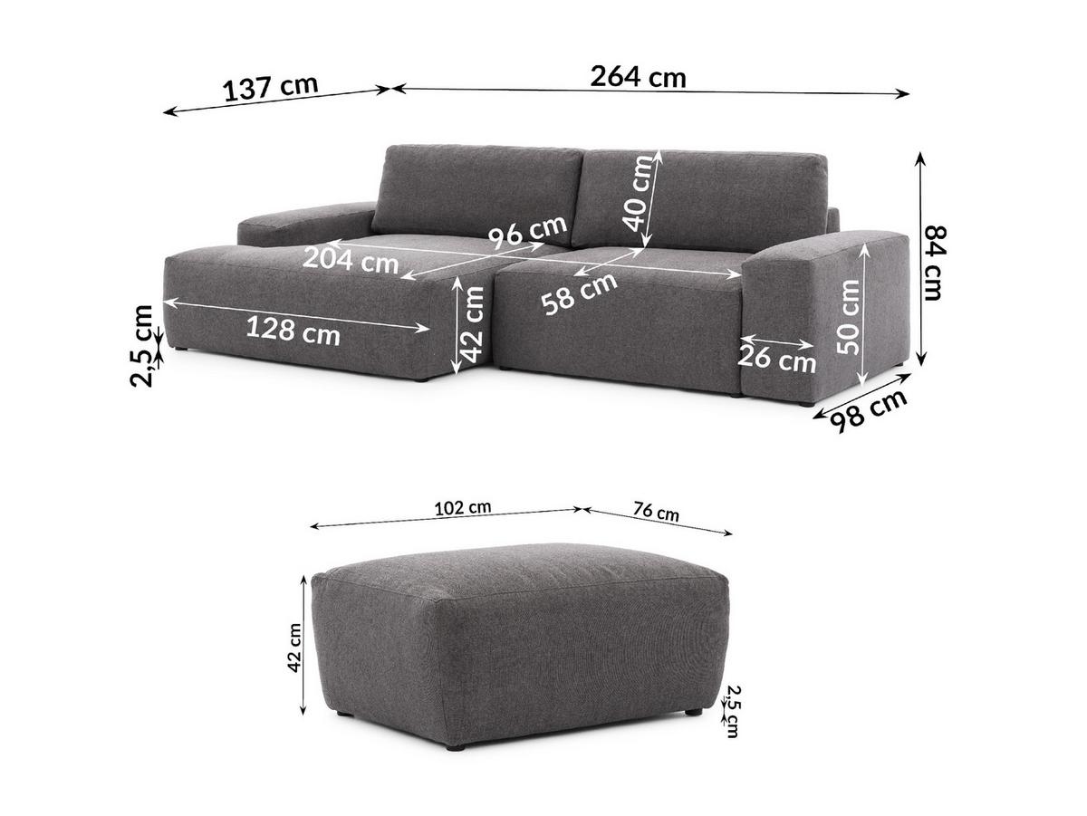 ECKSOFA inkl. Hocker Lennon aus Graphit Strukturstoff mit Schlaffunktion und Bettkasten - Graphitfarben/Schwarz, Holz/Kunststoff (137/264cm) - S-Style