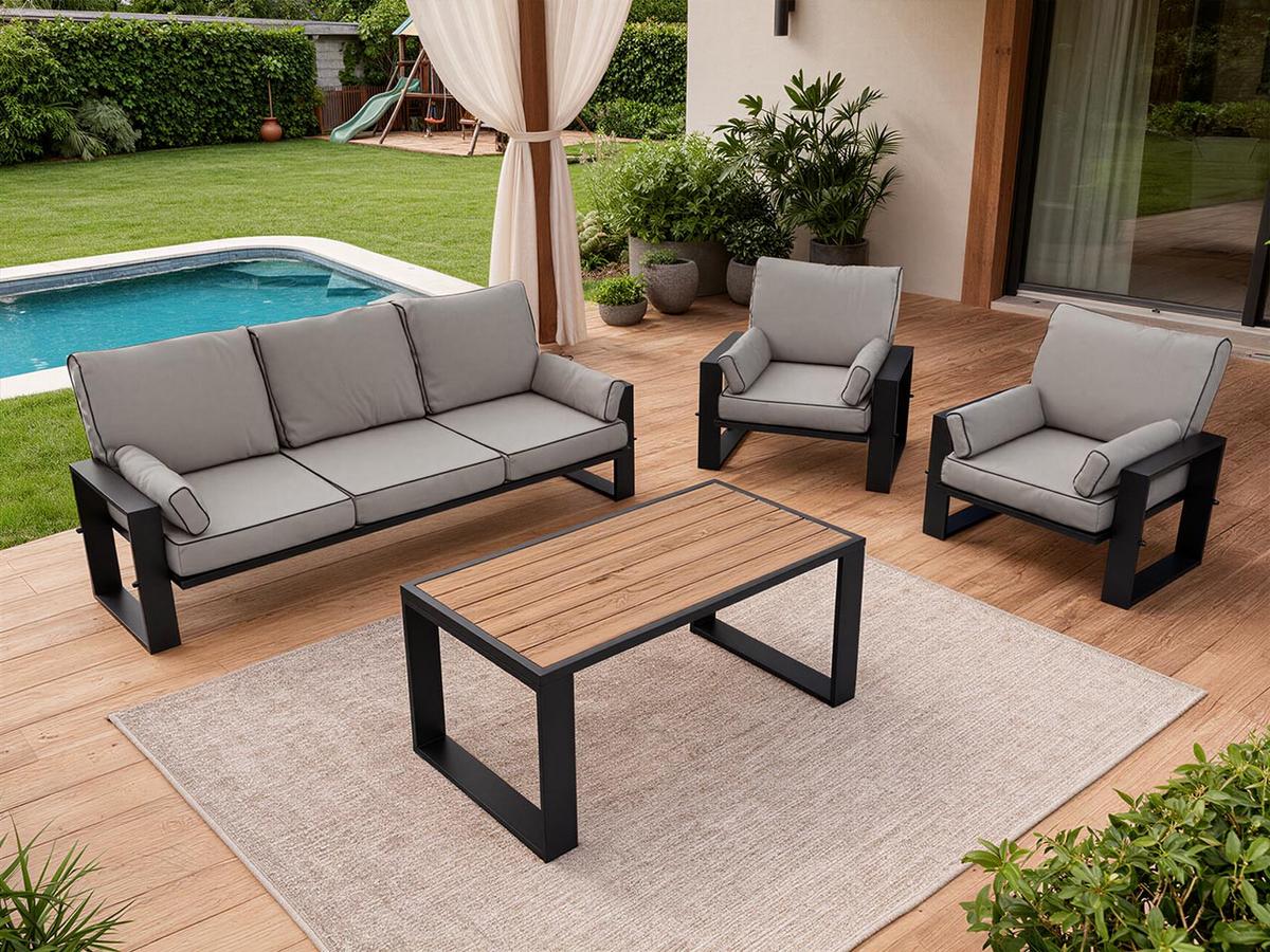 GARTENMÖBEL-SET ELBA: 1x Tisch, 1x Sofa, 2x Sessel - Grau - Grau, Textil - MKS