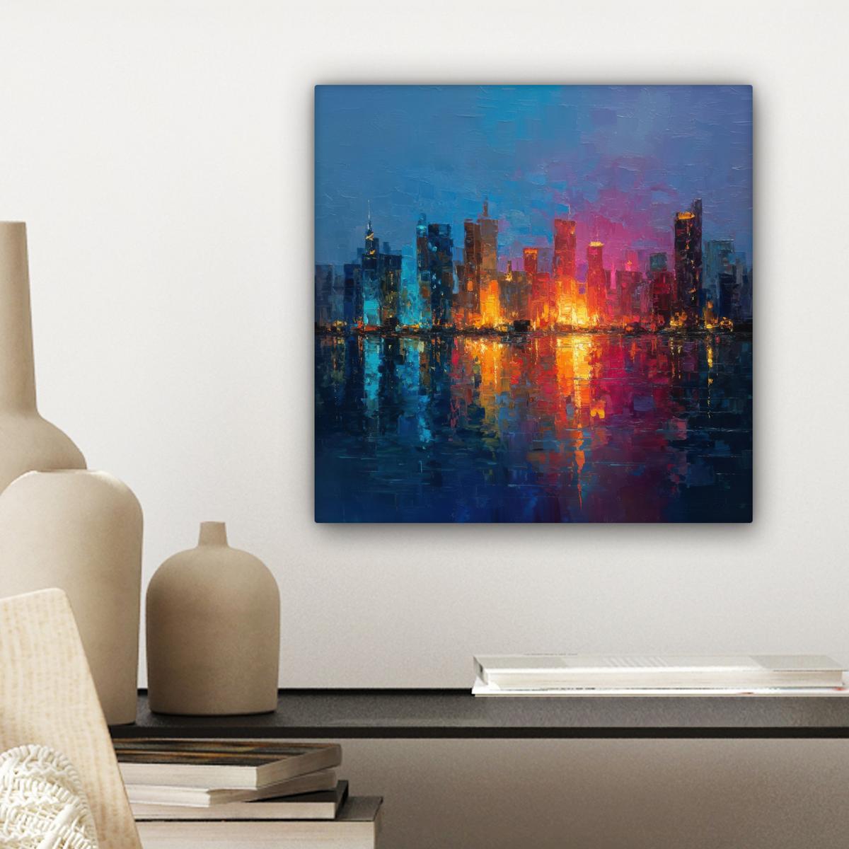 LEINWANDBILD Skyline - Pinselstriche - Dunkelblau - Leuchtend Deko Wohnzimmer 20x20 cm - Blau, Textil (20/20cm) - MuchoWow