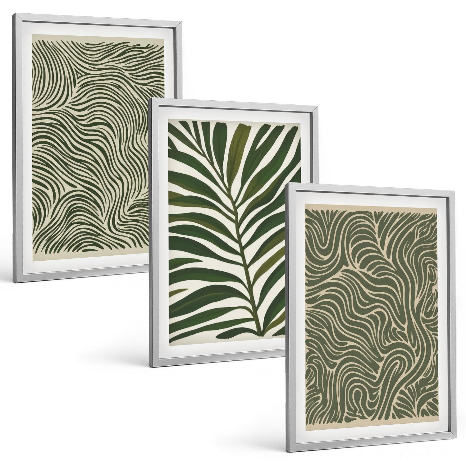 BILDER SET 3er Set - 40x60 cm Silberner Rahmen - Blattmuster wellenförmige Formen - Silberfarben, Kunststoff (40/60cm) - TULUP