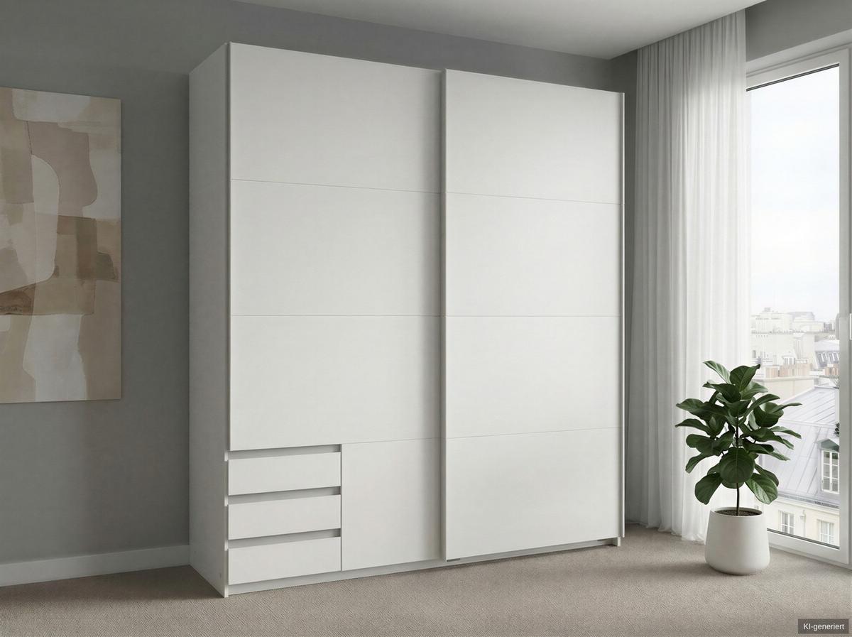 SCHWEBETÜRENSCHRANK 2-türig B179/H198/T65 cm, Kleiderschrank in Weiß mit sichtbaren Schubkästen / 22688 - Alufarben/Weiß, Holz/Holzwerkstoff (179/198/65cm) - luma-home
