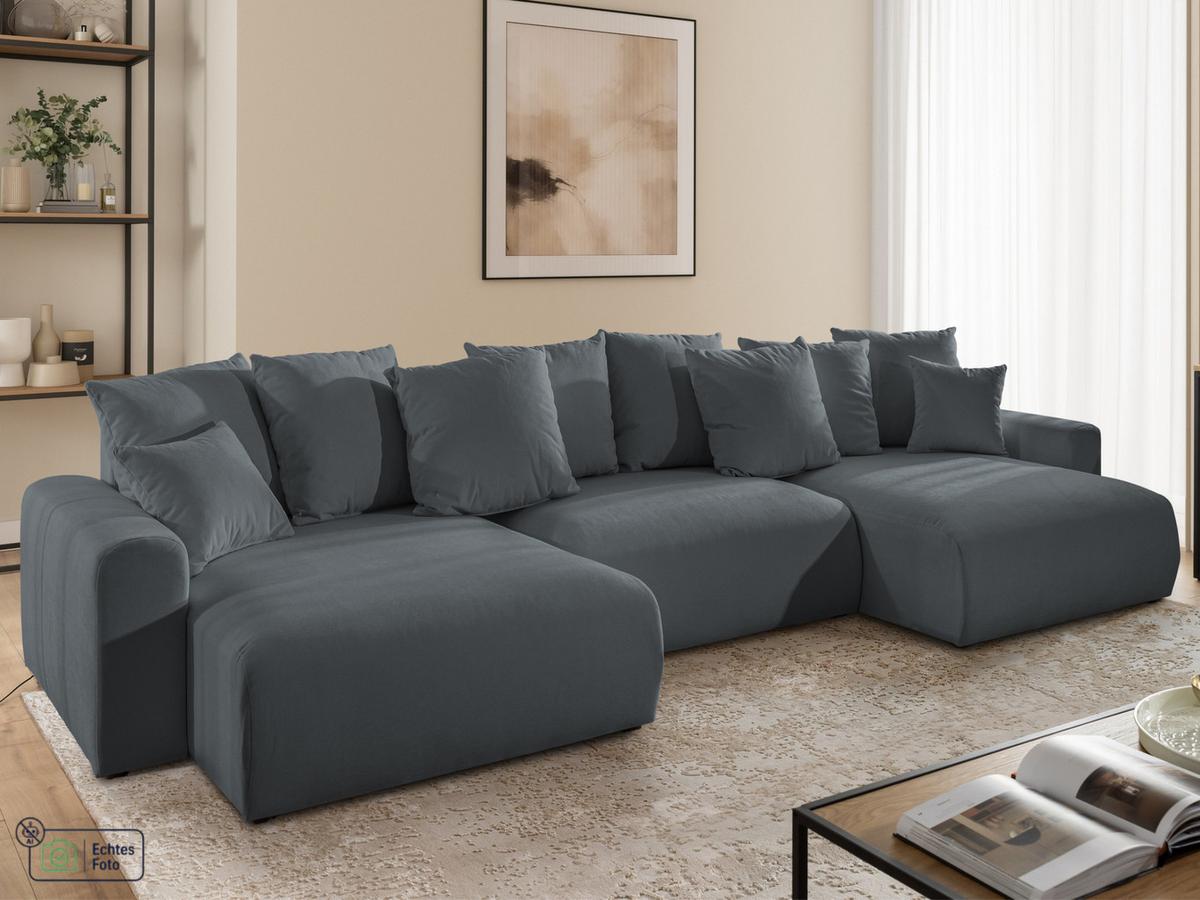 WOHNLANDSCHAFT Calma mit Schlaffunktion und Bettkasten im Bumpy-Design aus weichem Dunkelgrau Webstoff - Dunkelgrau/Schwarz, Holz/Textil (336/88/140cm) - S-Style