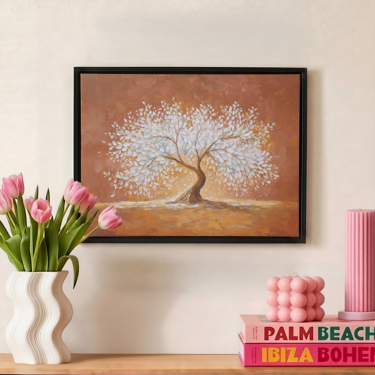 LEINWAND Bilder mit Rahmen - Abstrakt - Baum - Weiß - Blätter - 40x30 - Braun, Textil (40/30cm) - MuchoWow