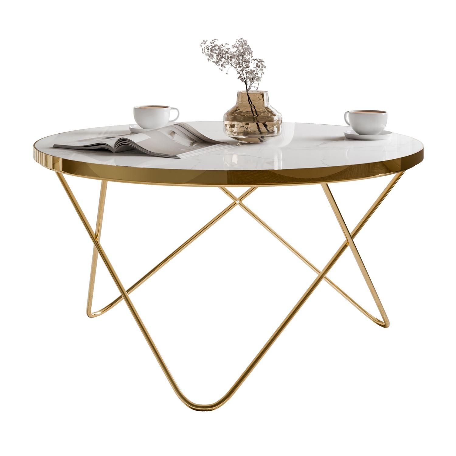 COUCHTISCH NORIEL mit goldenem Gestell und Marmorplatte - Weiß, Holzwerkstoff (80/80/39cm) - Lookway