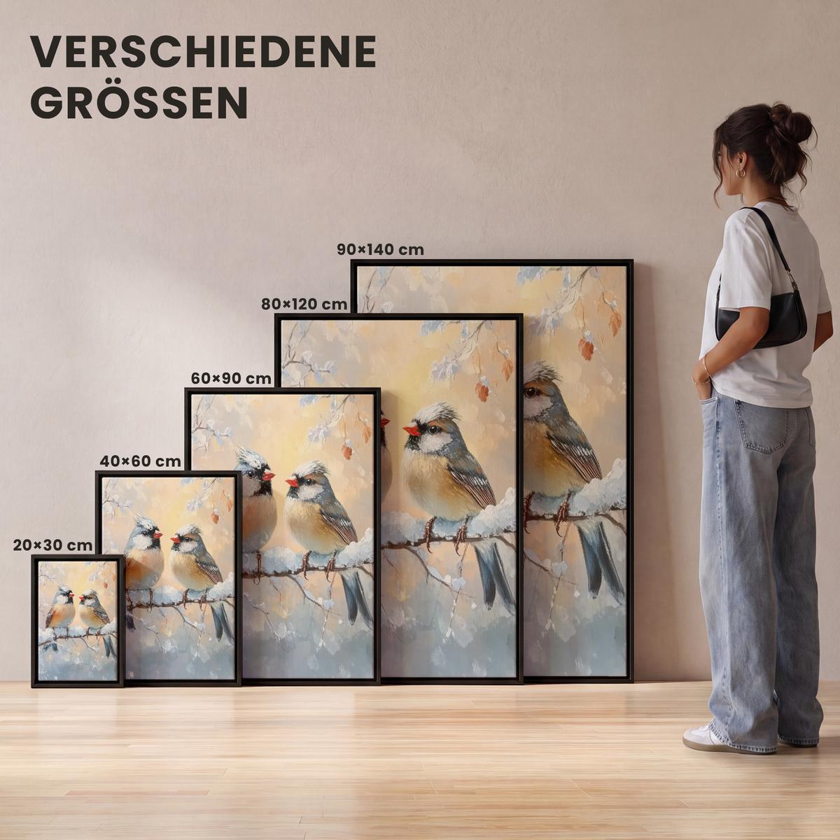 LEINWAND Bilder mit Rahmen - Vögel - Zweig - Winter - Schnee - 90x140 - Pastellblau, Textil (90/140cm) - MuchoWow