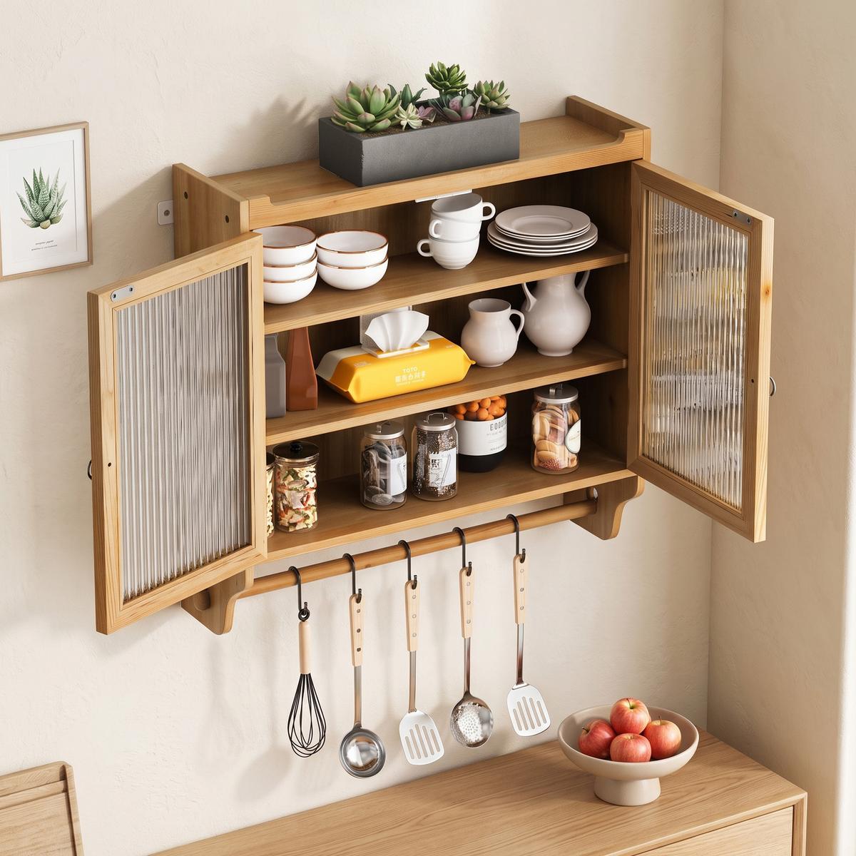 WANDSCHRANK Vintage Naturholz mit Glastüren, 3 Ebenen & Handtuchhalter 63cm - Naturfarben, Holzwerkstoff (63/60/18cm) - Urban Meuble