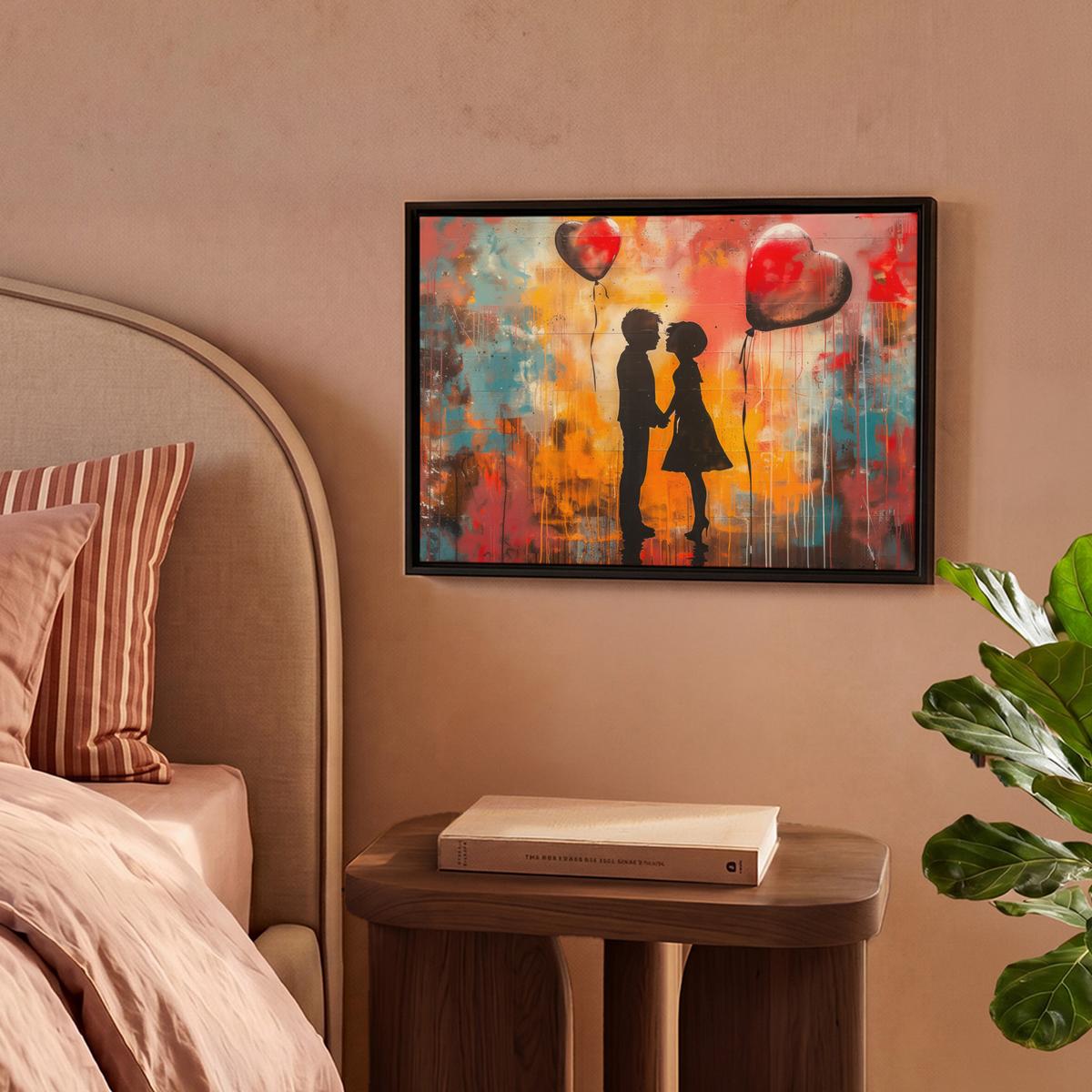 LEINWAND Bilder mit Rahmen - Straßenkunst - Liebe - Graffiti - Kunst - Banksy - 40x30 - Orange, Textil (40/30cm) - MuchoWow