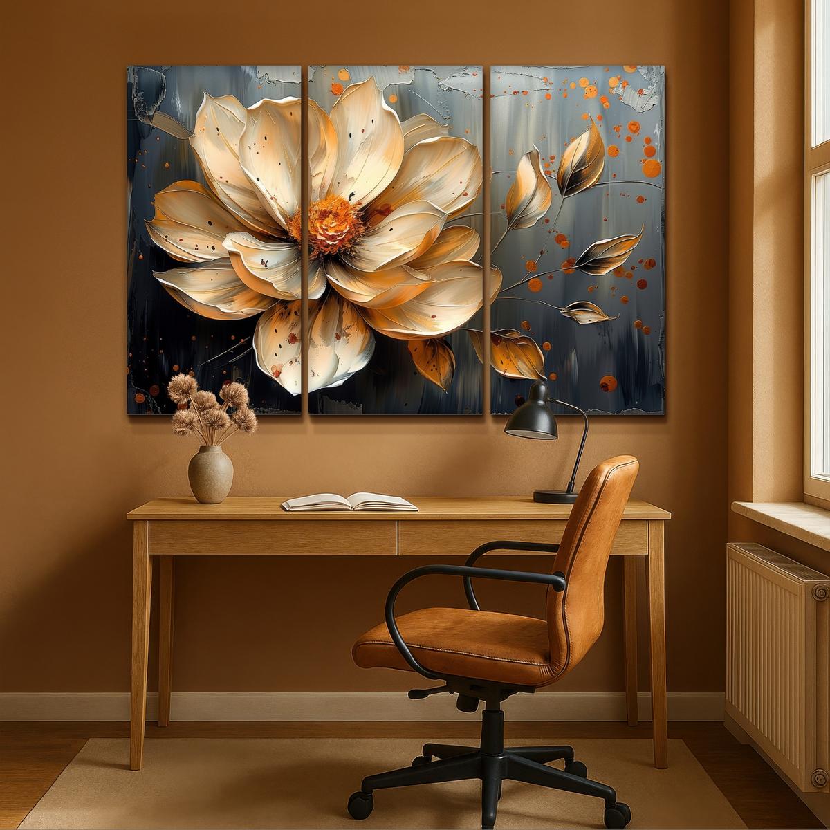 LEINWANDBILD 3er Set Blume - Gold - Abstrakt - Farbe 180x120 cm - Creme, Textil (180/120cm) - MuchoWow