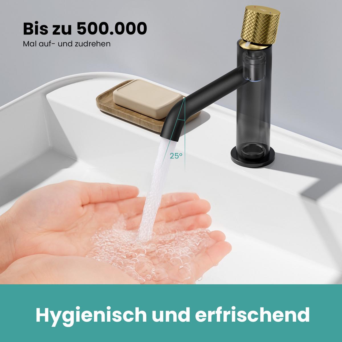 WASCHTISCHARMATUR DVGW-zertifiziertes Zulaufrohr Gerändelter Messinggriff - Schwarz, Metall (16.6/5/18.1cm) - EMKE