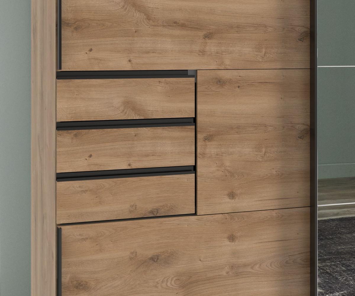 SCHWEBETÜRENSCHRANK 3-türig B270/H208/64 cm, Eiche Dekor, eine Spiegeltür, Kleiderschrank mit Schubladen & Vollausstattung / 22612 - Eichefarben/Schwarz, Holzwerkstoff/Metall (270/208/64cm) - luma-home