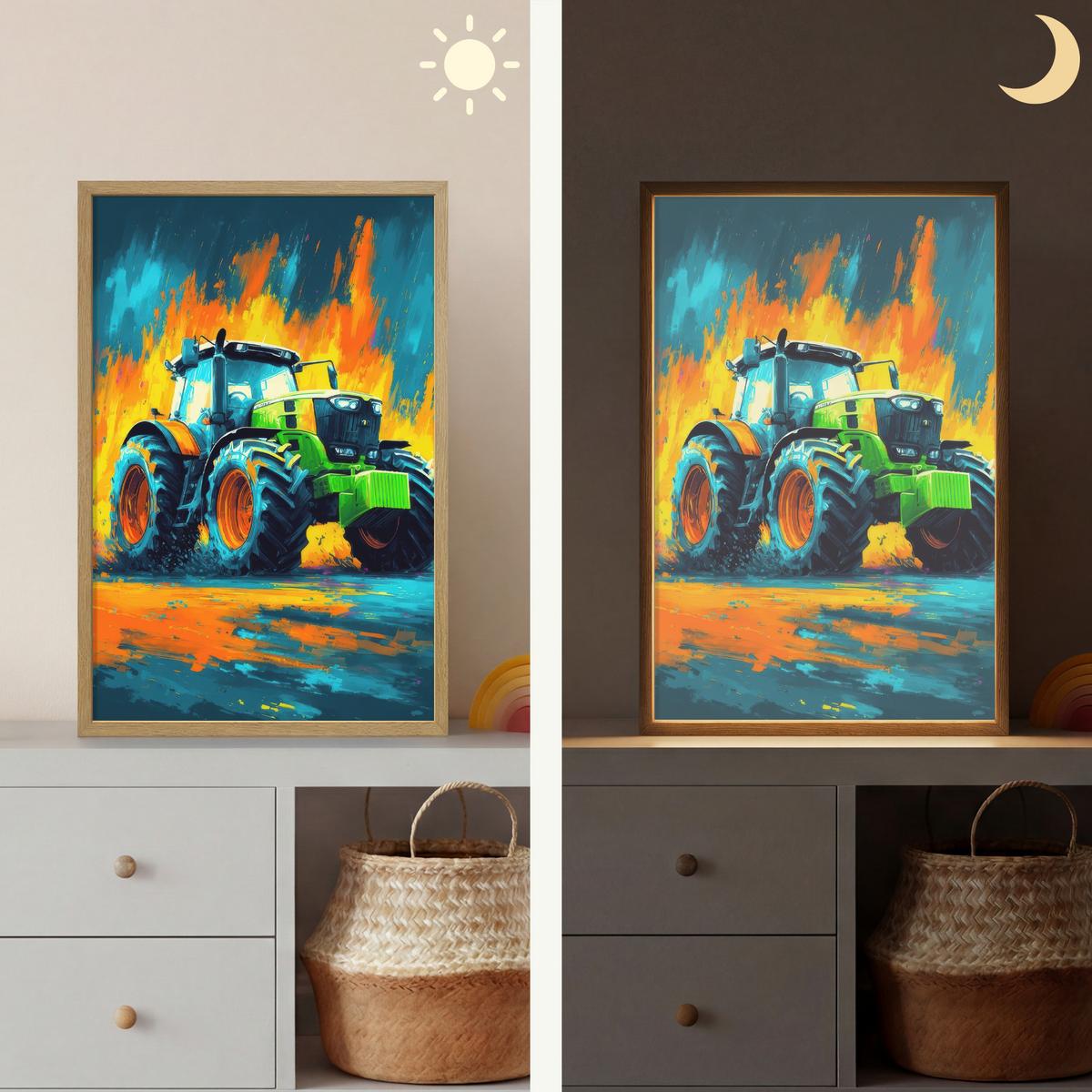 WANDLEUCHTE MIT AKKU Abstrakt - Traktor - Grün 40x60 cm - Dunkelblau, Holzwerkstoff (40/60/8cm) - OnlyWow