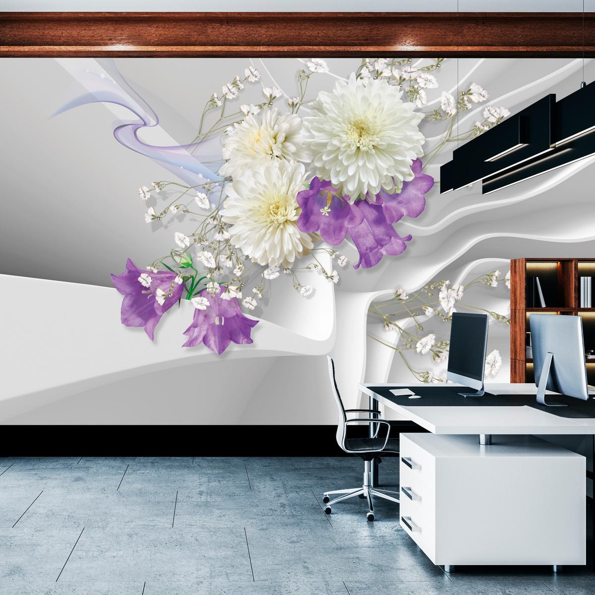 FOTOTAPETE für Wohnzimmer BLUMEN Abstraktes Welliges Raumhintergrund 350x256 - Violett/Weiß, Papier (350/256cm) - Muralo