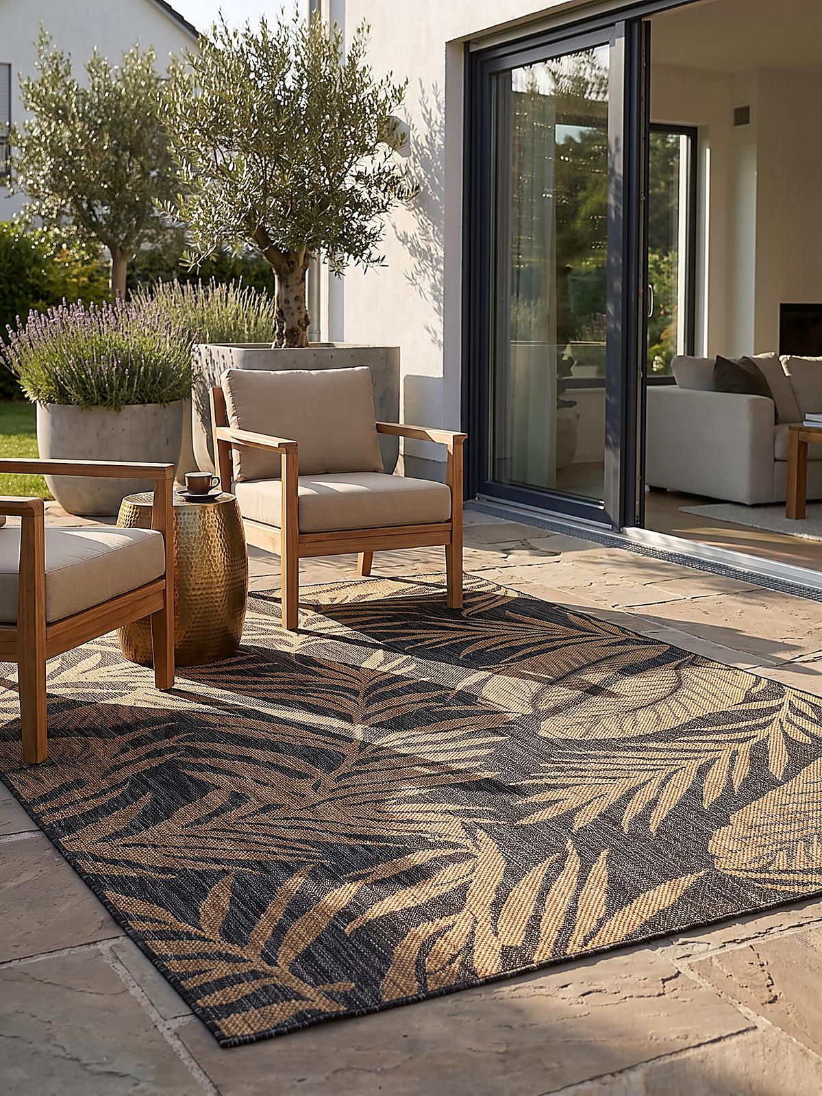 TEPPICH Flachgewebe, Outdoor, Fußbodenheizung-geeignet, mit Blattmotiv, VIGOLENO in Schwarz-Beige, 240 x 340 cm - Schwarz, Textil (240/340cm) - KADIMA DESIGN