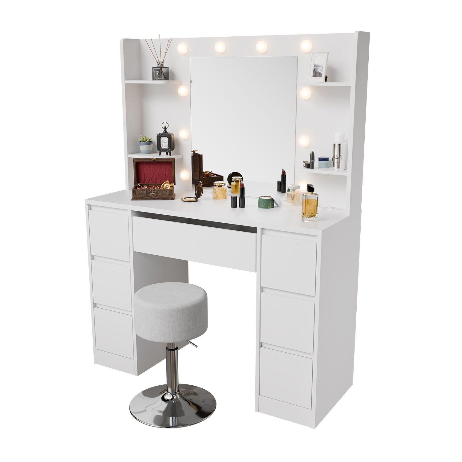 SCHMINKTISCH Malia mit LED und Hocker Tonia - Weiß, Holz (107/140/40cm) - Juskys