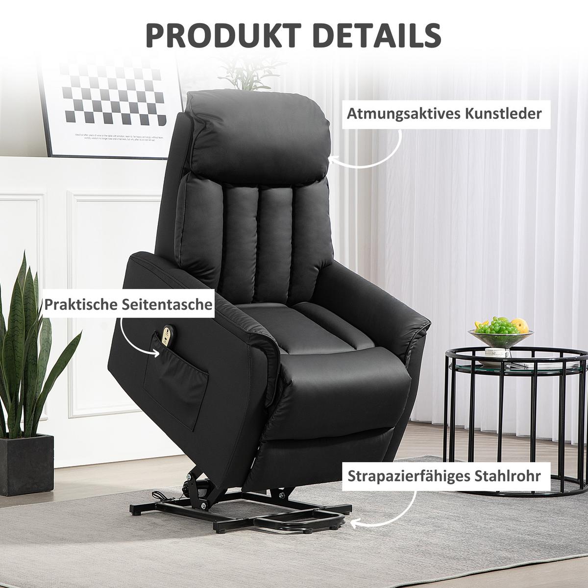 SESSEL mit Aufstehhilfe Kunstleder schwarz - Schwarz, Leder/Holzwerkstoff (80/104/94cm) - HOMCOM