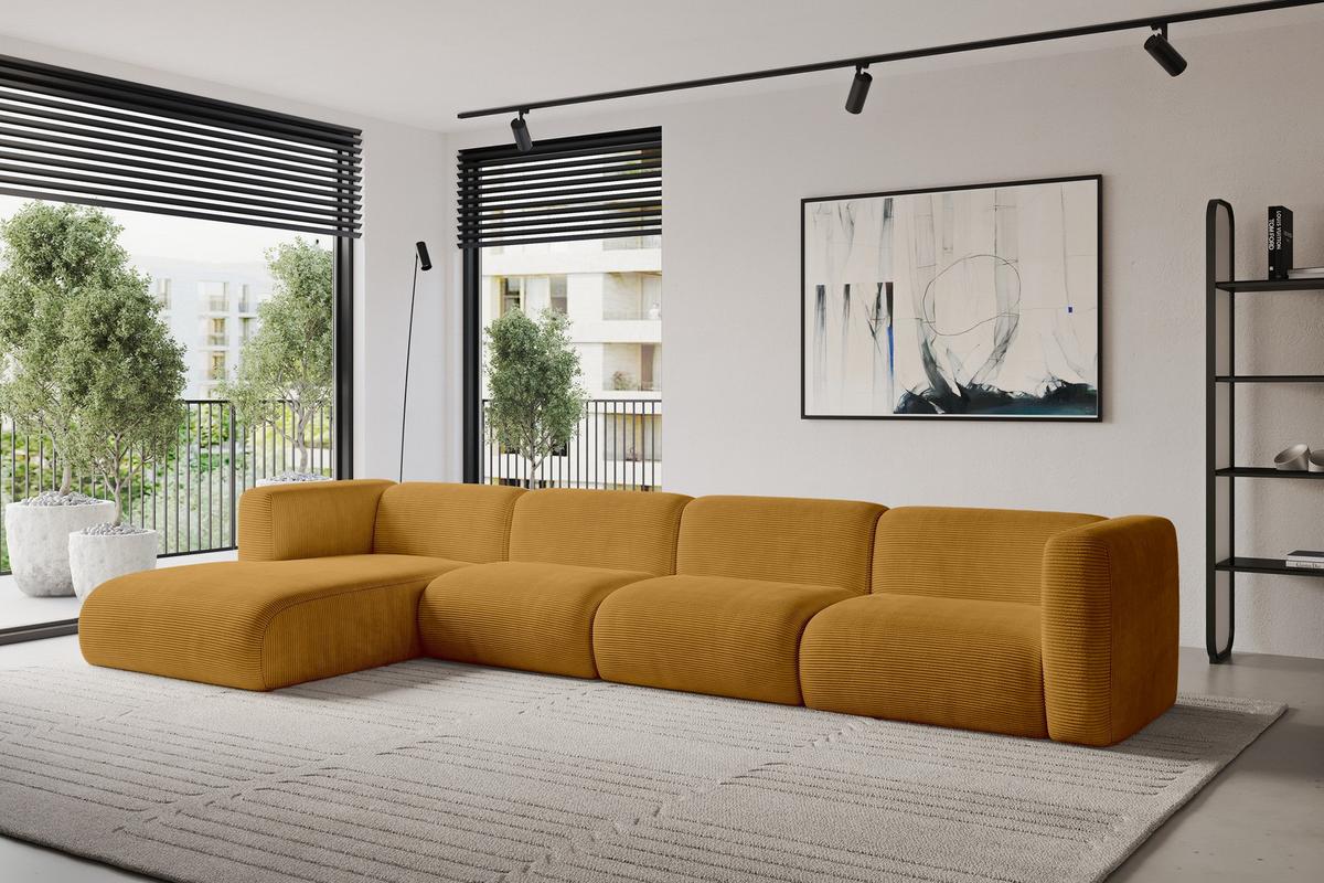 ECKSOFA Ottomane Links MIRA-L3 409x179x70 Senfgelb Cord - Currygelb/Schwarz, Holzwerkstoff/Kunststoff (409/179cm) - ALTDECOR