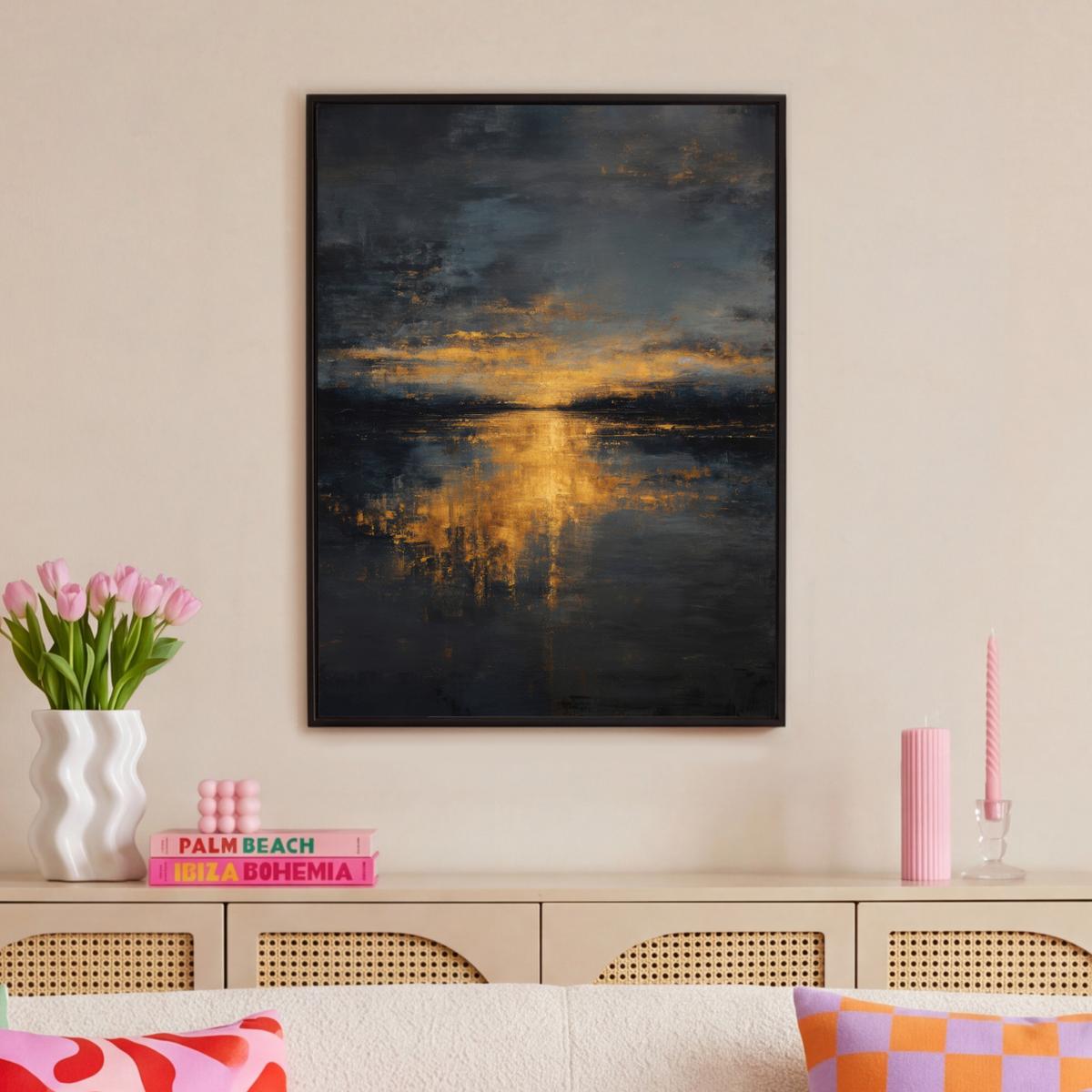LEINWAND Bilder mit Rahmen - Goldene Reflexion auf dem Wasser - 70x100 - Anthrazit, Textil (70/100cm) - MuchoWow