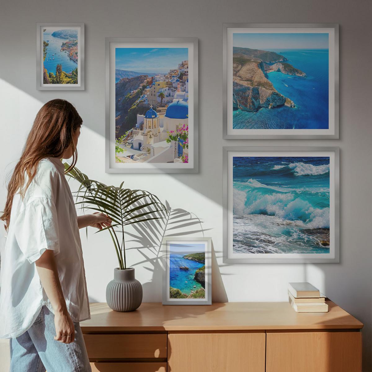 BILDER SET 5er Set - 50x50 cm & 20x30 cm & 40x60 cm Silberner Rahmen - Griechische Ansichten von Santorin Oia - Silberfarben, Kunststoff (40/60cm) - TULUP