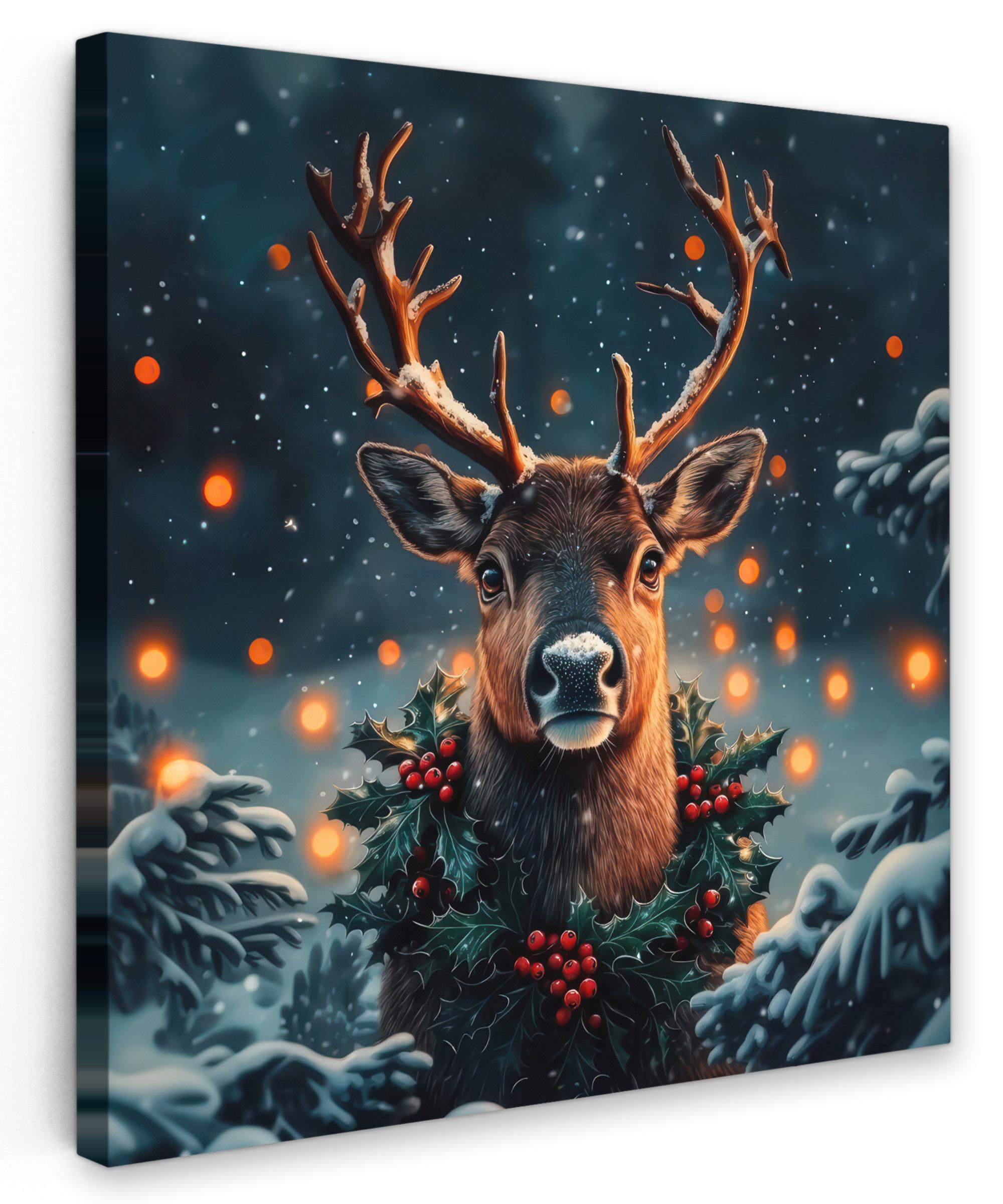 LEINWANDBILD Hirsch - Weihnachten - Winter - Schnee - Weihnachtskranz Wandbild Wohnzimmer 50x50 cm - Dunkelbraun, Textil (50/50cm) - MuchoWow