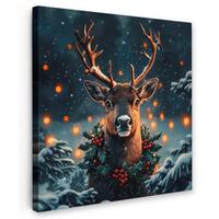 LEINWANDBILD Hirsch - Weihnachten - Winter - Schnee - Weihnachtskranz Deko Groß 90x90 cm - Dunkelbraun, Textil (90/90cm) - MuchoWow