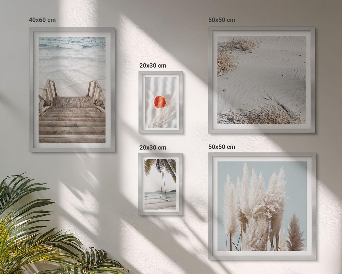 BILDER SET 5er Set - 50x50 cm & 20x30 cm & 40x60 cm Silberner Rahmen - Strandatmosphäre dank hölzerner Treppen. - Silberfarben, Kunststoff (40/60cm) - TULUP