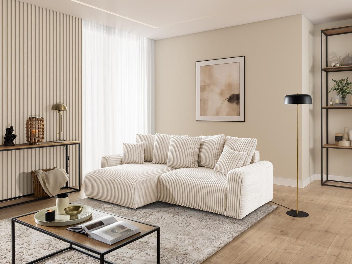 ECKSOFA Calma mit Schlaffunktion und Bettkasten im Bumpy-Design aus weichem Creme Plüschcord - Ottomane links - Creme/Schwarz, Holz/Kunststoff (239/140cm) - S-Style