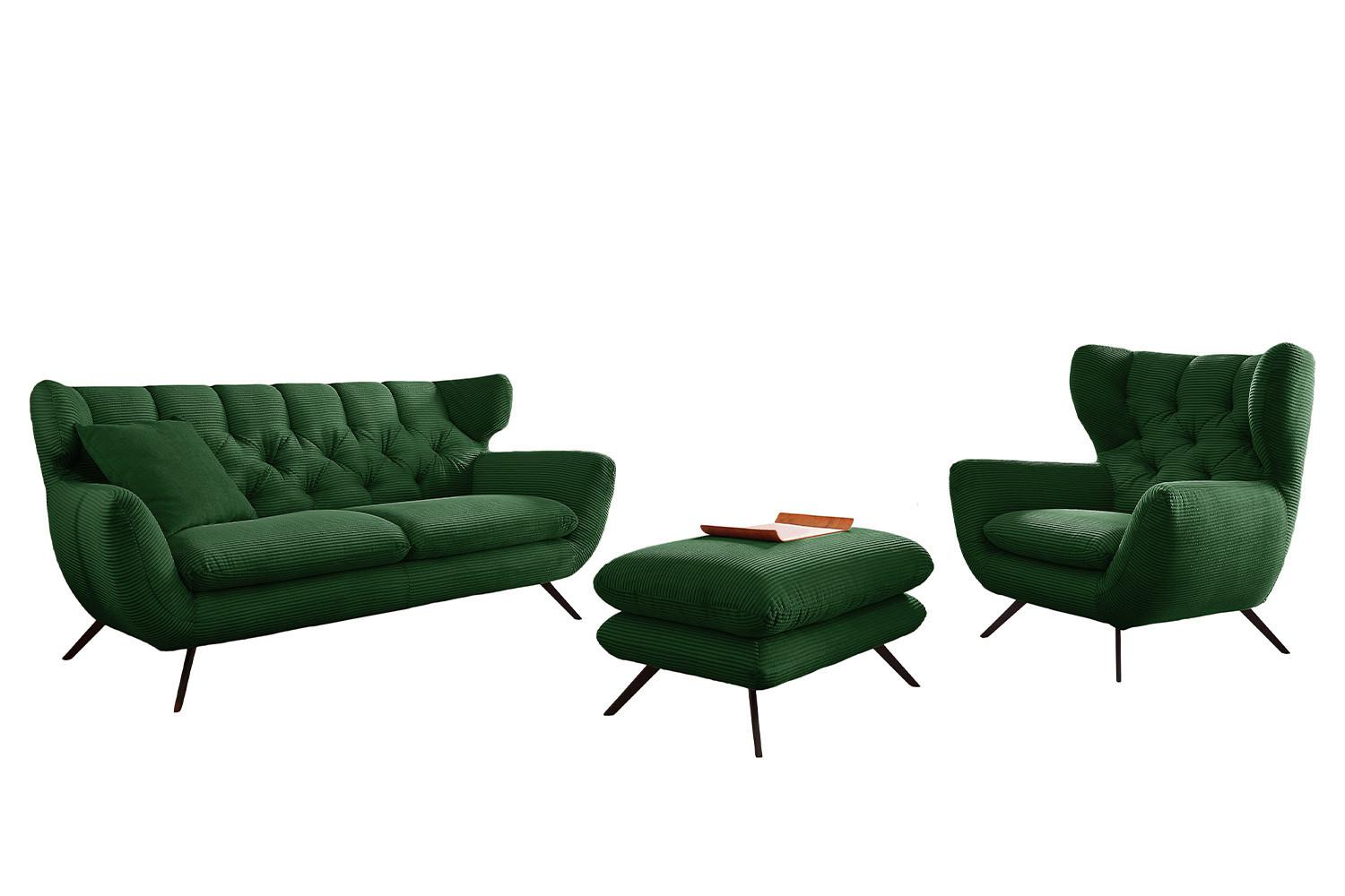 SITZGRUPPE CHARME Smaragdgrün Cord - Smaragdgrün/Schwarz, Textil/Metall (225/94/95cm) - KAWOLA