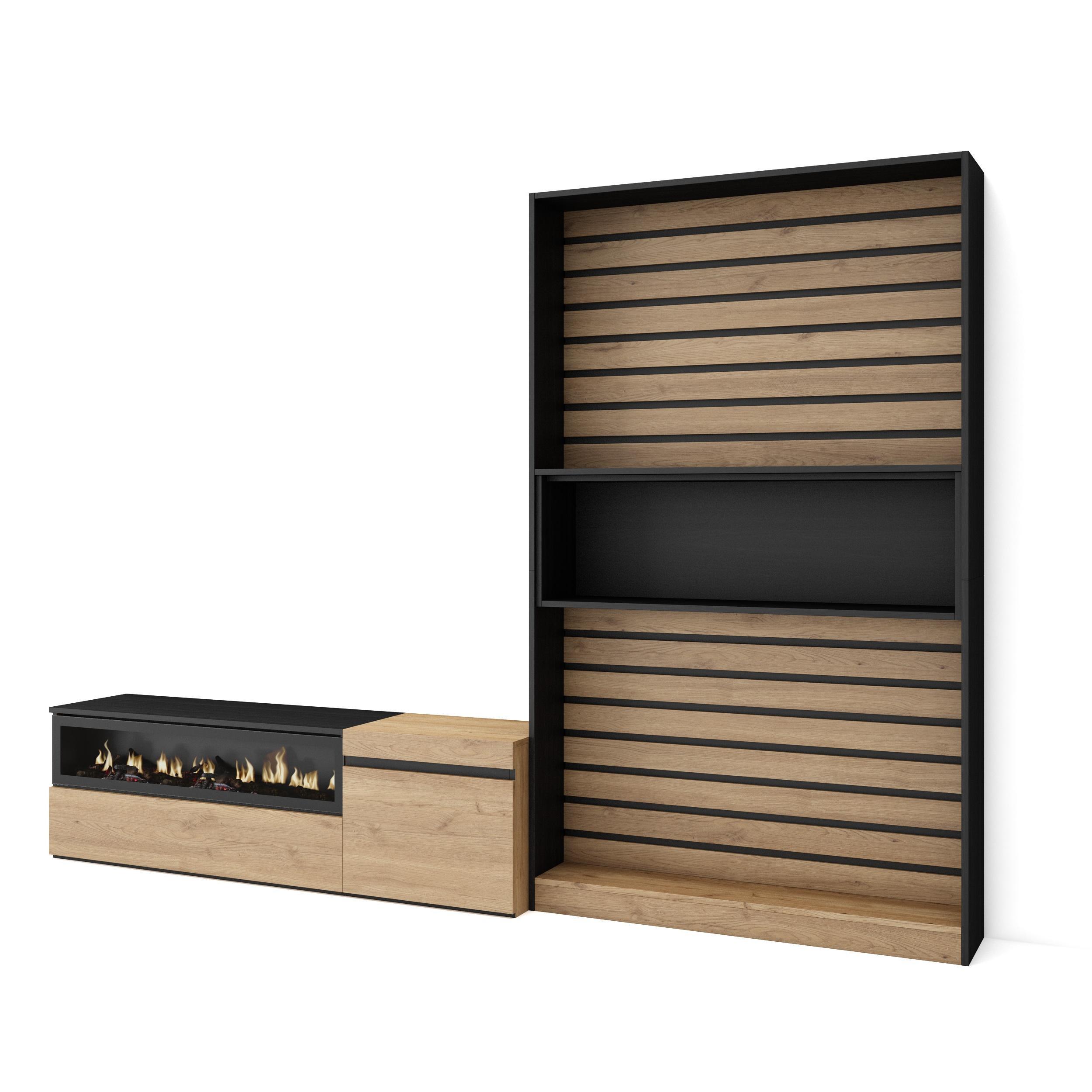 WOHNWAND Elektrokamin, eiche, schwarz, 260/35/186cm - Eichefarben, Holzwerkstoff (260/186/35cm) - Skraut Home