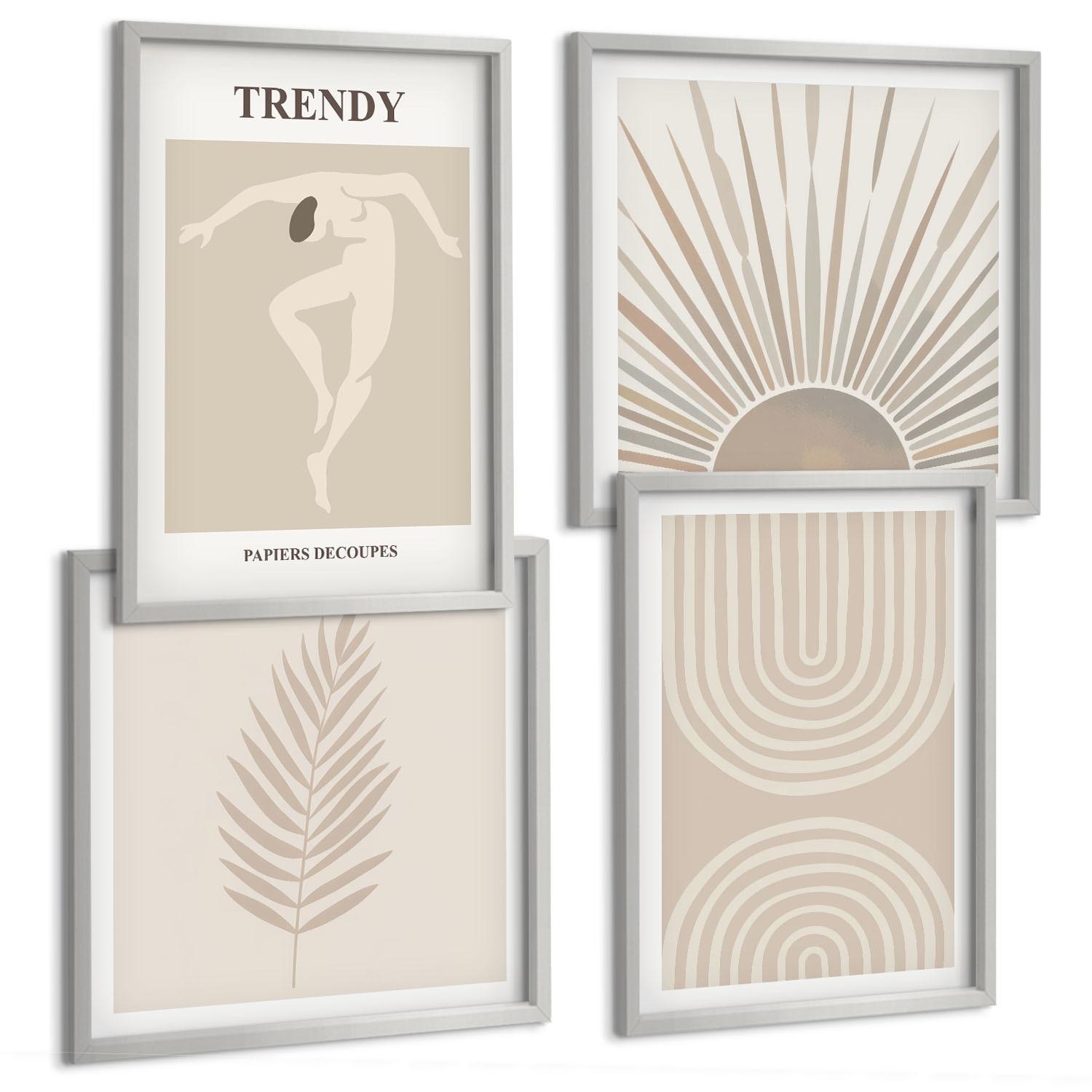 BILDER SET 4er Set - 50x50 cm & 40x60 cm Silberner Rahmen - Abstrakte Poster im Boho-Stil in Pastellfarben - Silberfarben, Kunststoff (50/50cm) - TULUP