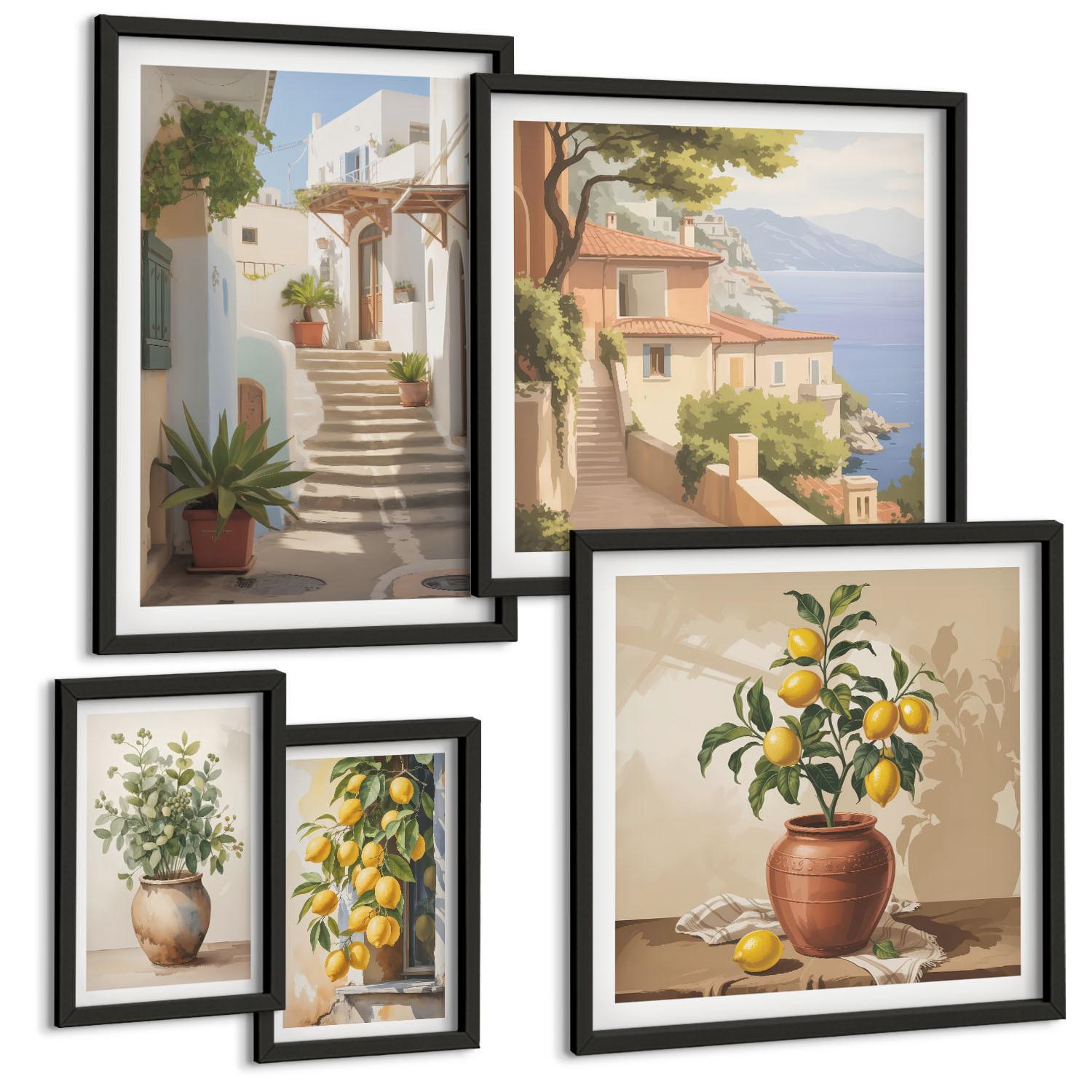 BILDER SET 5er Set - 50x50 cm & 20x30 cm & 40x60 cm Schwarzer Rahmen - Blumen in einer Vase, ein Meer aus Zitronen - Schwarz, Kunststoff (40/60cm) - TULUP