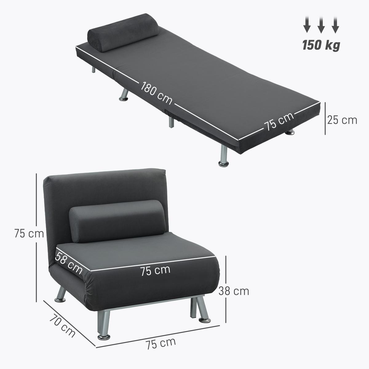 KLAPPBAR Schlafsessel Schlafsofa Klappmatratze Bett Gästebett Dunkelgrau - Dunkelgrau/Silberfarben, Textil/Metall (70/75/75cm) - HOMCOM