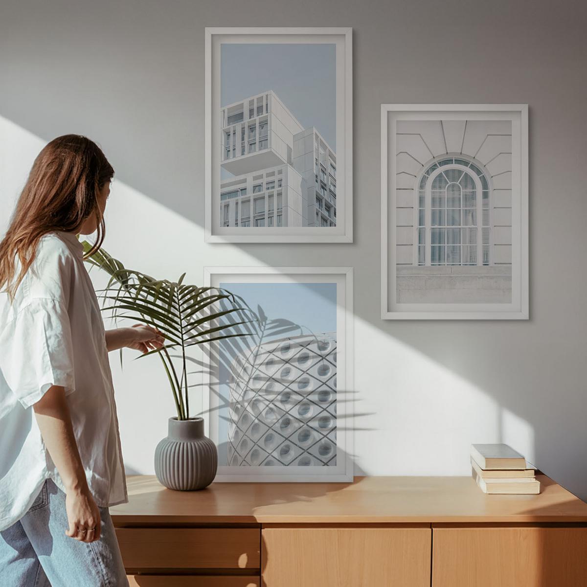 BILDER SET 3er Set - 40x60 cm Weißer Rahmen - Moderne Architekturgeometrie - Weiß, Kunststoff (40/60cm) - TULUP