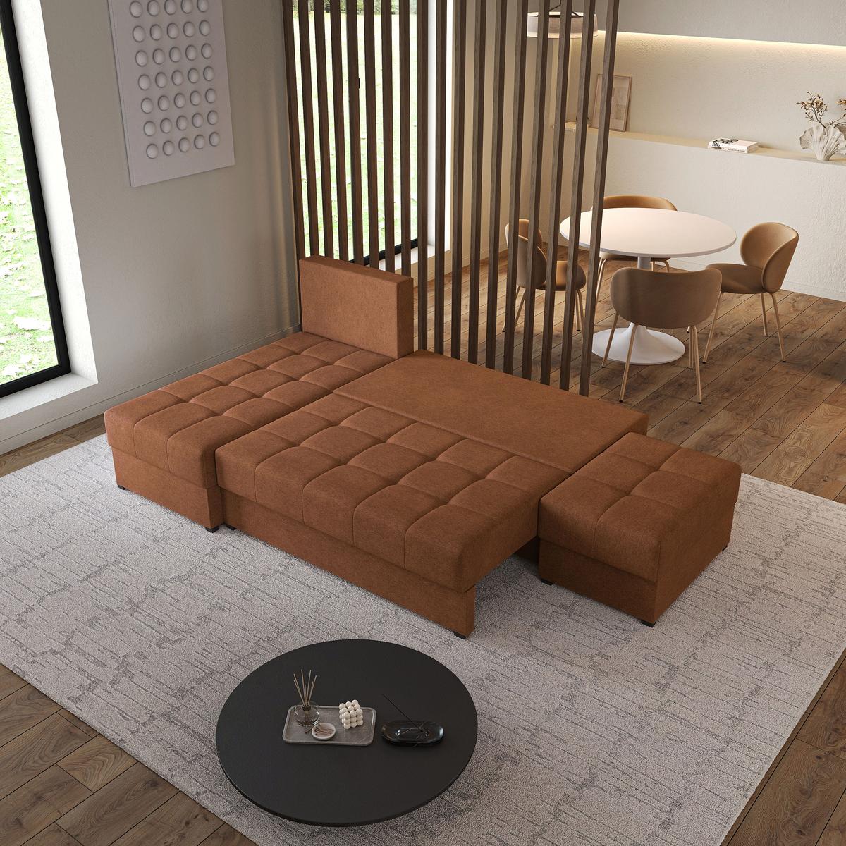 ECKSOFA NORVIupferfarben Geflochtener Stoff mit Schlaffunktion - Kupferfarben, Holz (251/143cm) - MASSENO