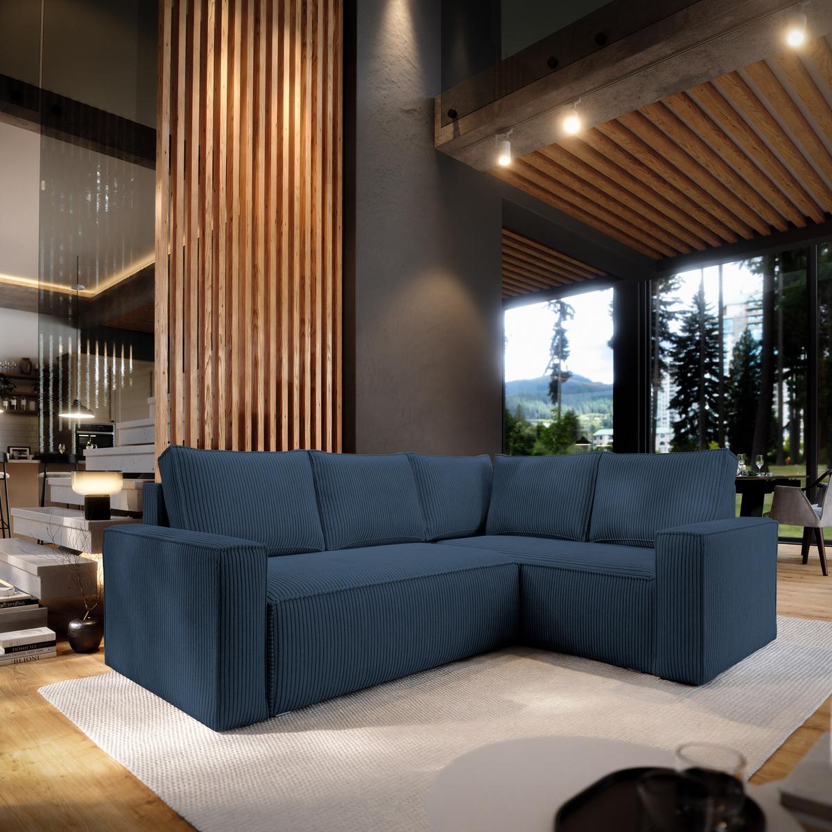 ECKSOFA ESTANO R-S Blau Kordstoff mit Schlaffunktion - Blau, Holz (230/158cm) - MASSENO