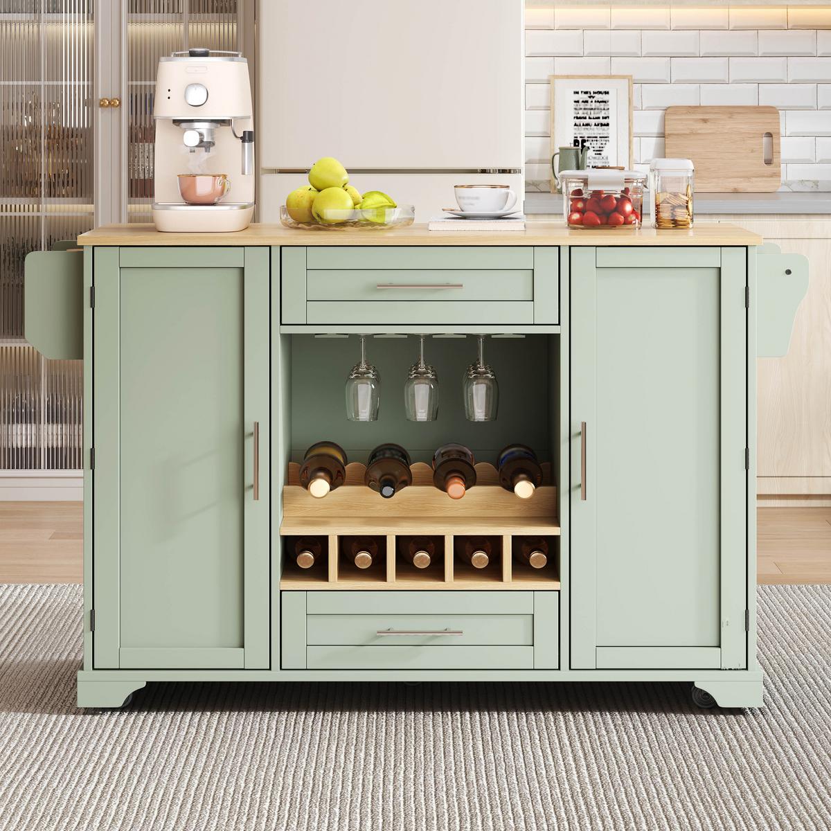 KÜCHENINSEL Antique Green Mit Klapptisch, Weinregal & Rollen - Waldgrün, Holzwerkstoff (138/92/70cm) - Urban Meuble