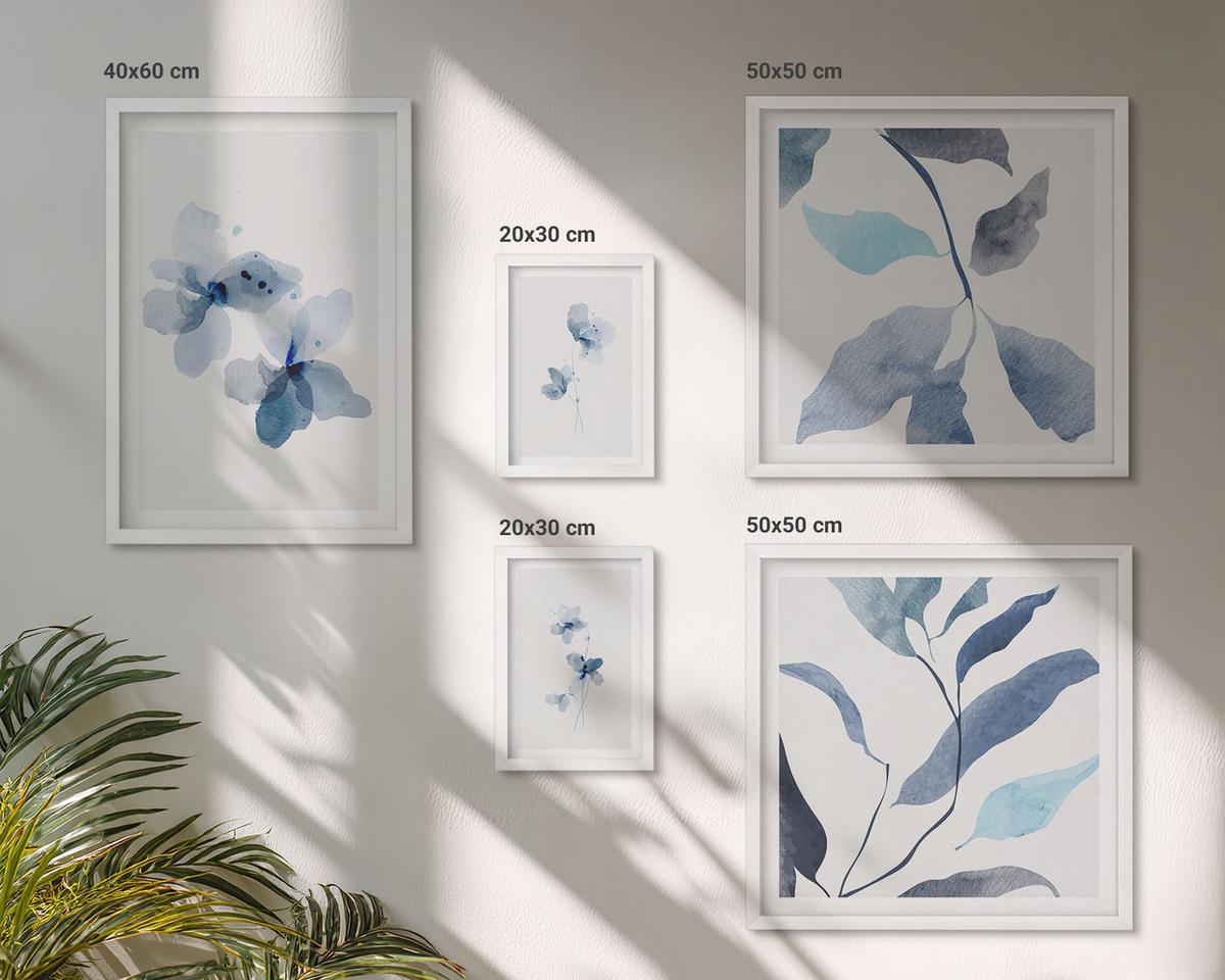 BILDER SET 5er Set - 50x50 cm & 20x30 cm & 40x60 cm Weißer Rahmen - Minimalistische blaue Blumen - Weiß, Kunststoff (40/60cm) - TULUP
