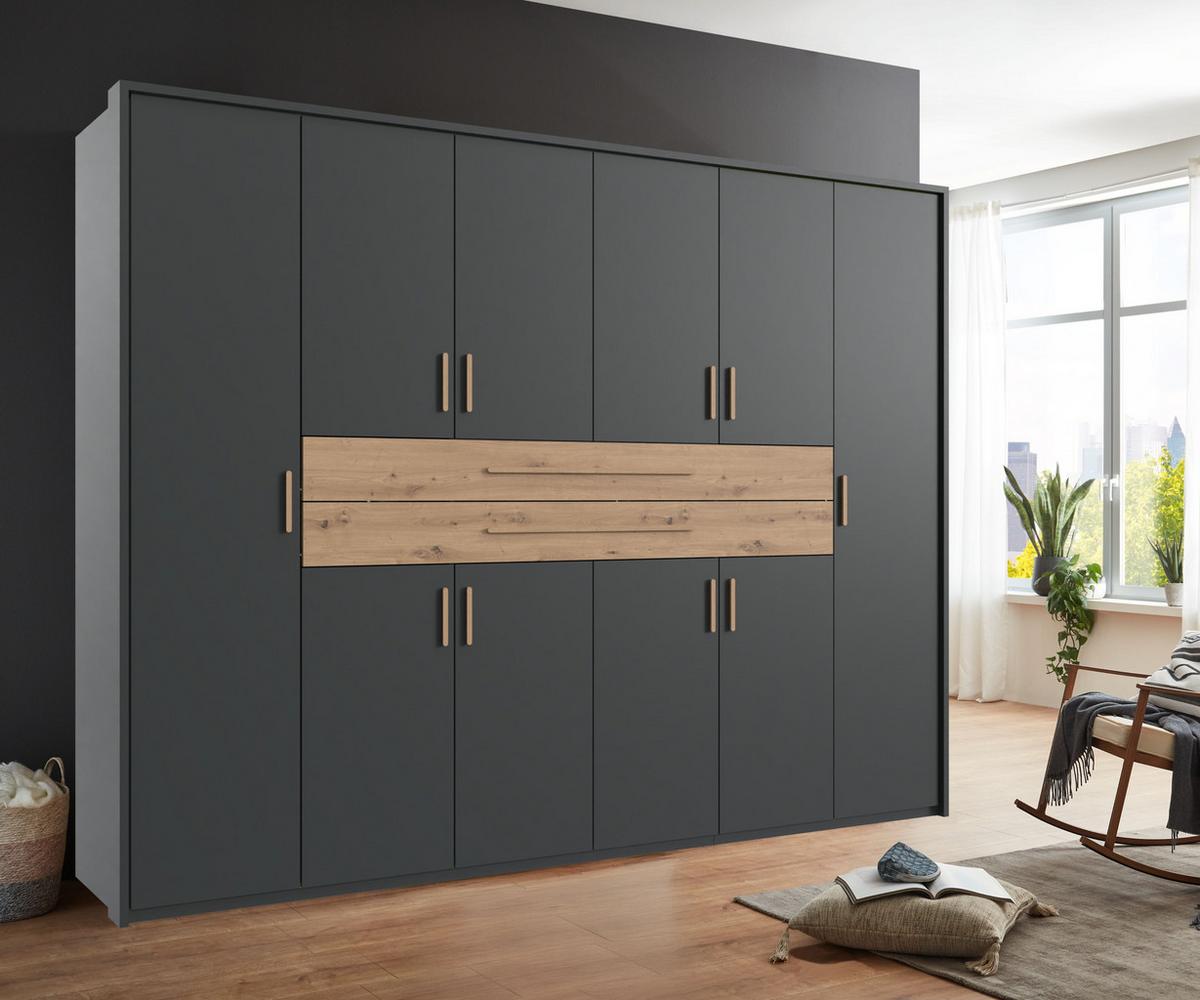 DREHTÜRENSCHRANK B273/H210/T58 cm in Grafit, Kleiderschrank mit 2 großen Schubkästen und Griffen in Eiche Artisan Dekor / 22646 - Graphitfarben/Eiche Artisan, Holzwerkstoff/Kunststoff (273/210/58cm) - luma-home