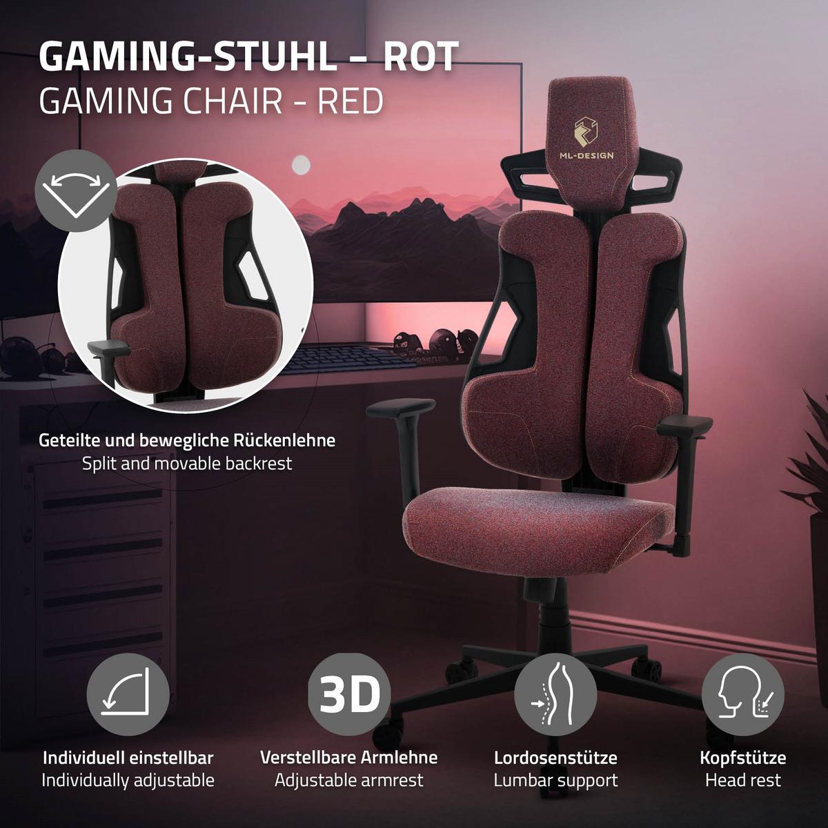 GAMINGSTUHL mit Stoffbezug in Rot Individuell Einstellbar - Rot/Schwarz, Kunststoff/Textil (69/142/68cm) - ML-DESIGN