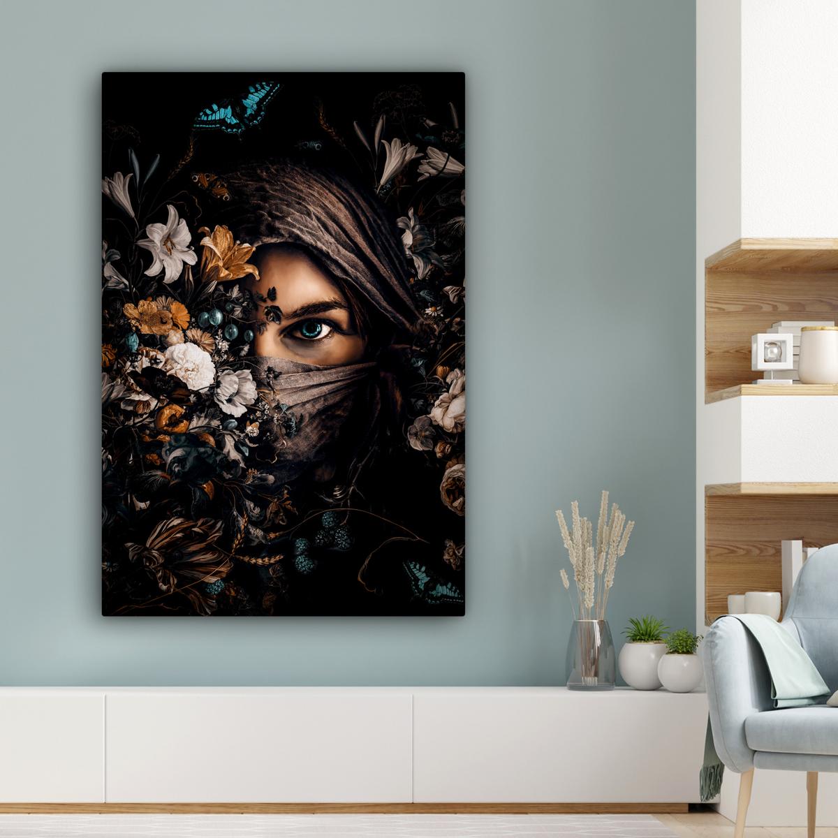 LEINWANDBILD Frau - Luxus - Blumen - Schmetterling - Porträt Deko XXL 80x120 cm - Schwarz, Textil (80/120cm) - MuchoWow