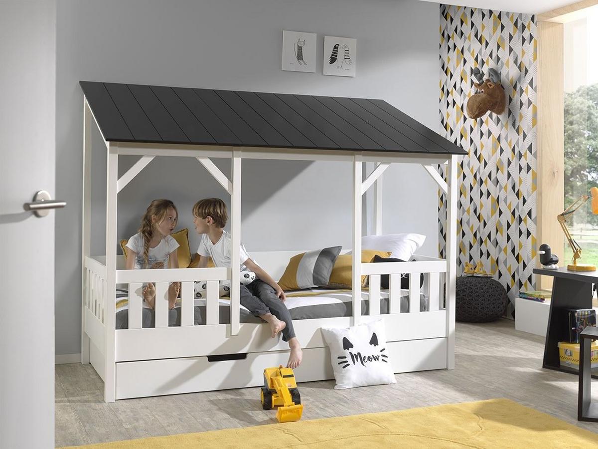 HAUSBETT Kateena 214x174x105 aus MDF+Massivholz in Weiß/Schwarz - Schwarz, Holzwerkstoff (90/200cm) - 58aufmkessel