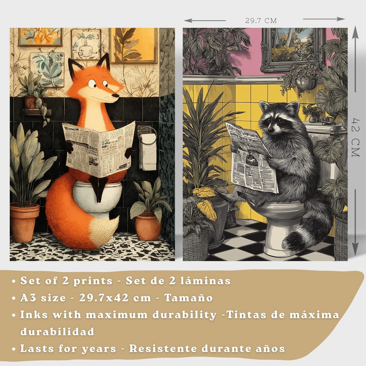 POSTER 2er-Set dekorative Badezimmer-Kunstdrucke, künstlerische für Wand, Toilette mit Tieren auf der Toilette, Vintage Leichter Holzrahmen A3 - Beige, Papier (42/29.7/3cm) - Nacnic