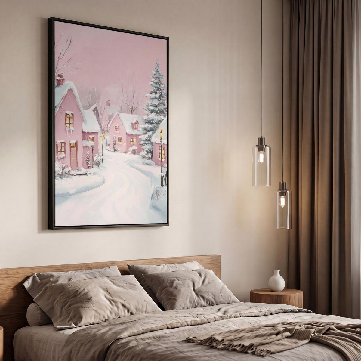 LEINWAND Bilder mit Rahmen - Weihnachtsdorf - Rosa - Winter - Schnee - Häuser - 60x90 - Altrosa, Textil (60/90cm) - MuchoWow