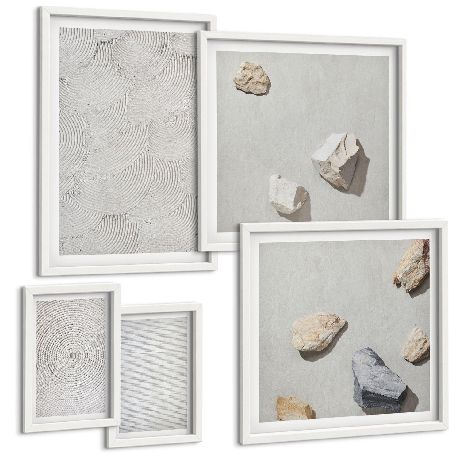 BILDER SET 5er Set - 50x50 cm & 20x30 cm & 40x60 cm Weißer Rahmen - Geometrische Pappsteine - Weiß, Kunststoff (40/60cm) - TULUP