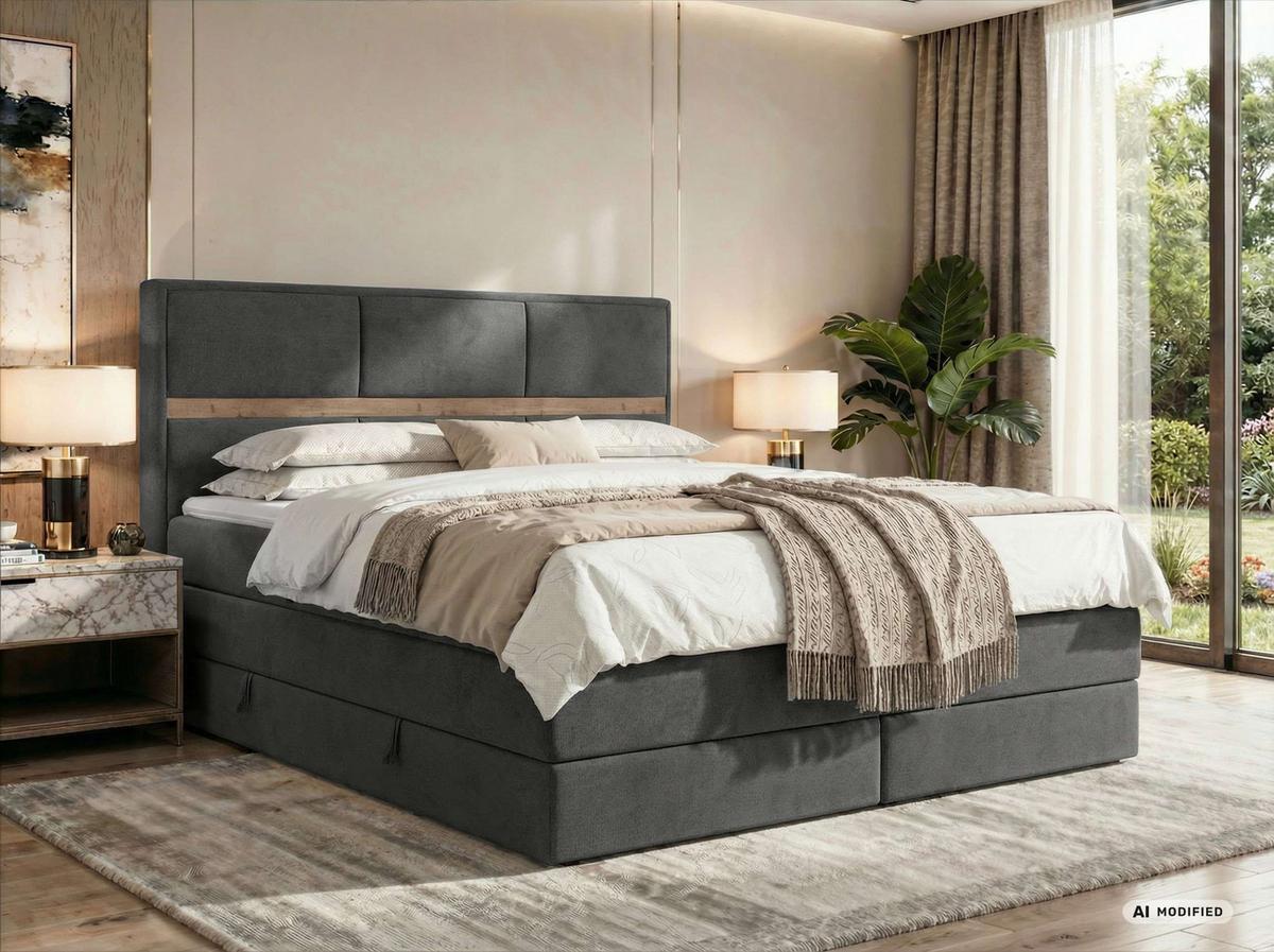 BOXSPRINGBETT ORVO KING 140/200 - Dunkelgrau Velvet - Topper Visco - H3 - Dunkelgrau/Schwarz, Kunststoff/Textil (140/200cm) - MKS