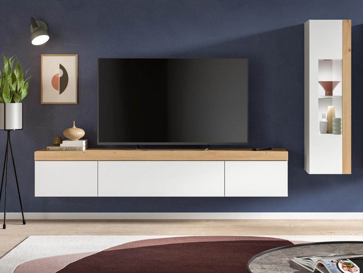WOHNWAND 2-teilig weiß und Eiche 225 cm, Schrankwand stehend/hängend - Schwarz/Weiß, Glas/Holzwerkstoff (225/157/33cm) - Inn.Furn