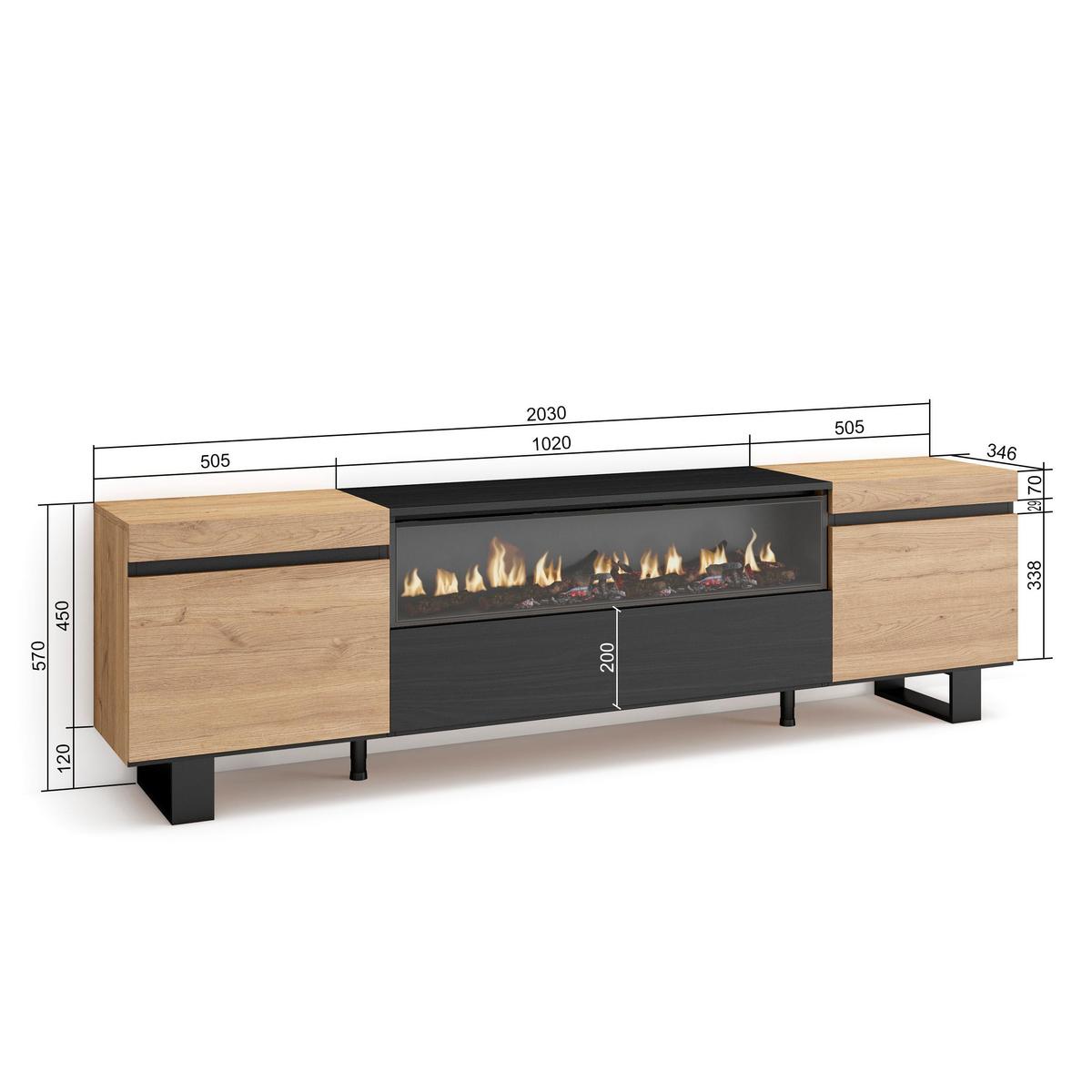 LOWBOARD mit Elektrokamin, Eiche, Schwarz, 200/35/57cm - Eichefarben/Naturfarben, Holzwerkstoff (200/57/35cm) - Skraut Home