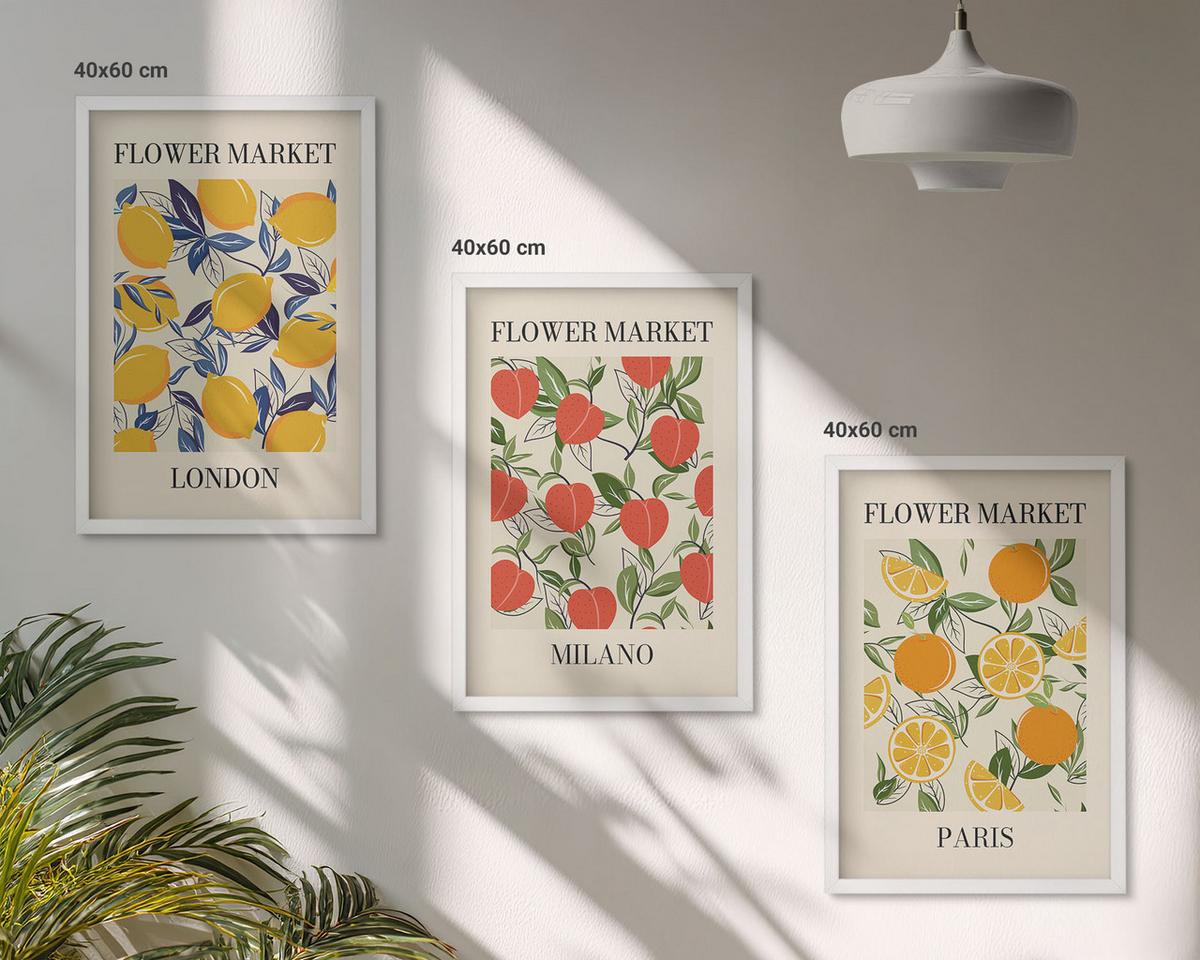 BILDER SET 3er Set - 40x60 cm Weißer Rahmen - Blumenplakate in Städten - Weiß, Kunststoff (40/60cm) - TULUP