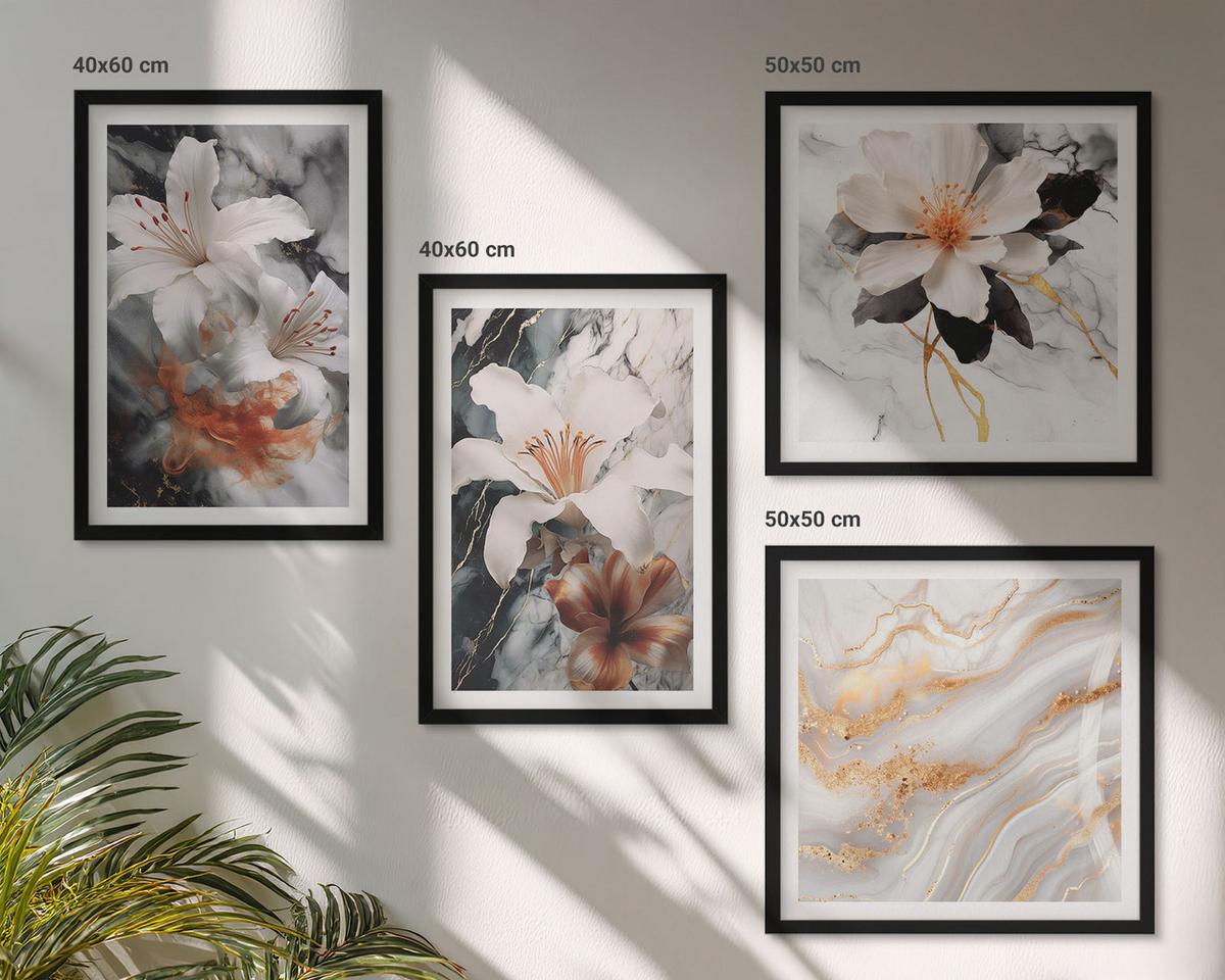 BILDER SET 4er Set - 50x50 cm & 40x60 cm Schwarzer Rahmen - Blumen Marmor weiß schwarz - Schwarz, Kunststoff (50/50cm) - TULUP